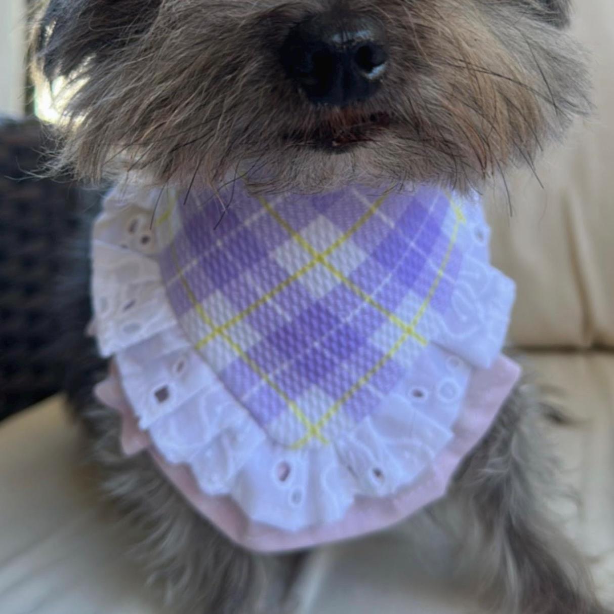 Easter Dog bandana with ruffles, purple plaid Snap on Bandana, Matching hair-bow, accessories for pets, cat bandana, spring scarf for pets