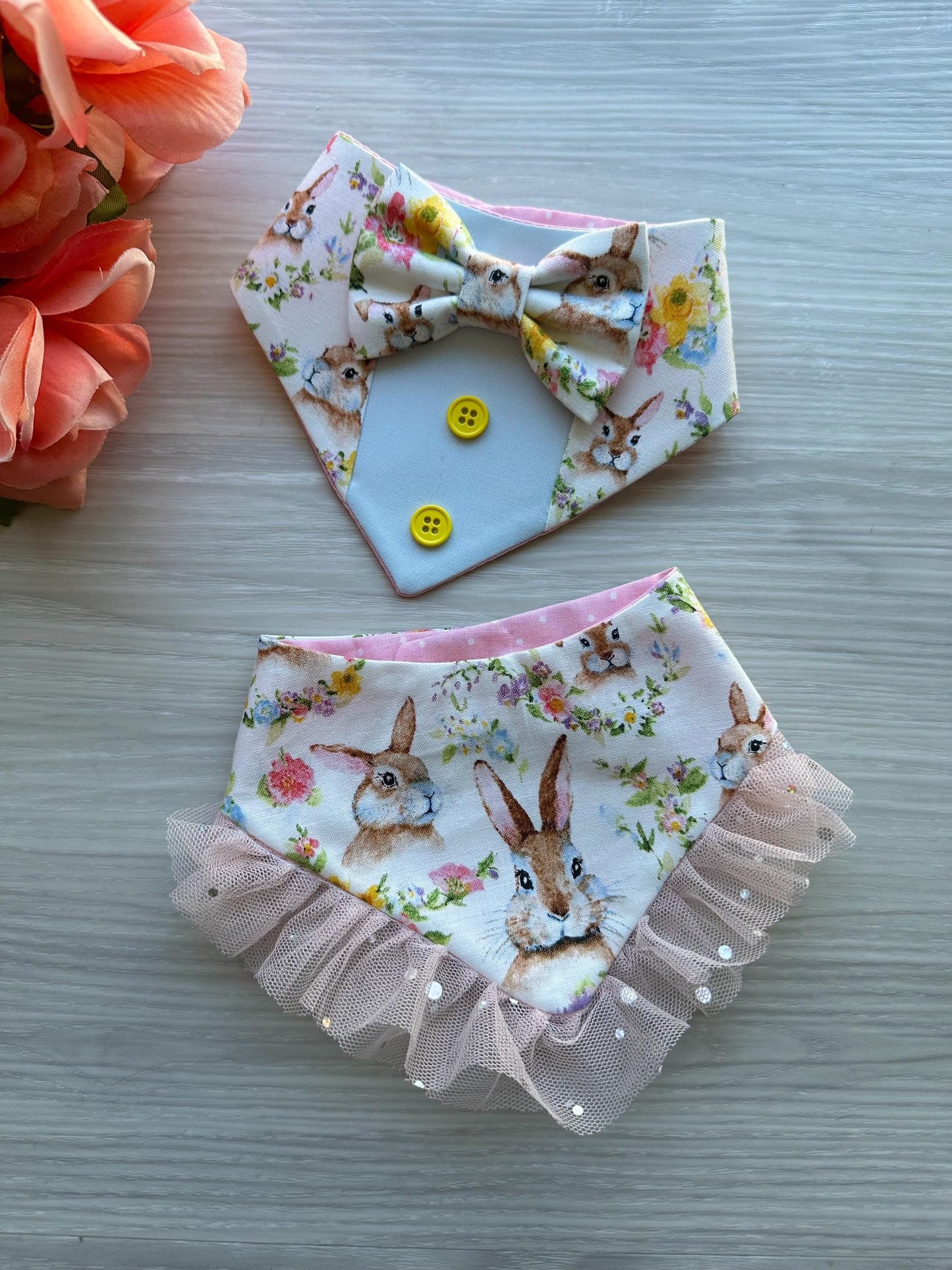 Easter Dog bandana with ruffles, floral bunnies Snap on Bandana, Matching hair-bow, accessories for pets, cat bandana, spring scarf for pets
