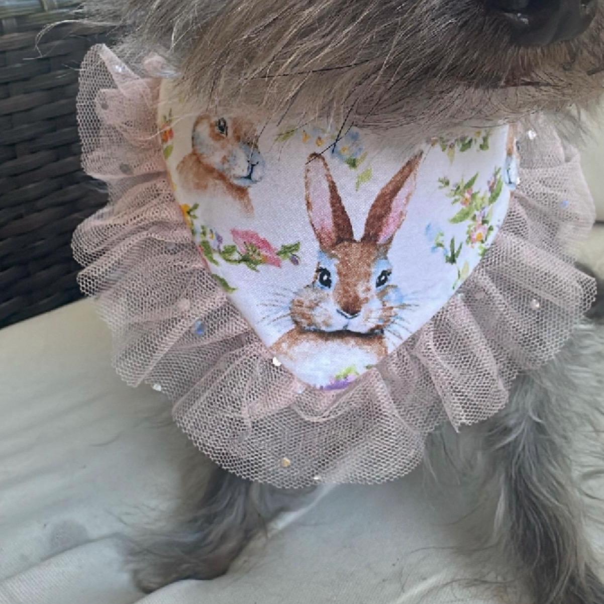 Easter Dog bandana with ruffles, floral bunnies Snap on Bandana, Matching hair-bow, accessories for pets, cat bandana, spring scarf for pets