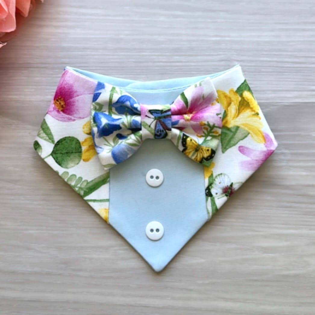 Spring Dog Tuxedo Bandana, Blue floral, Bandana with bow tie for dogs, summer cute dog boy accessories