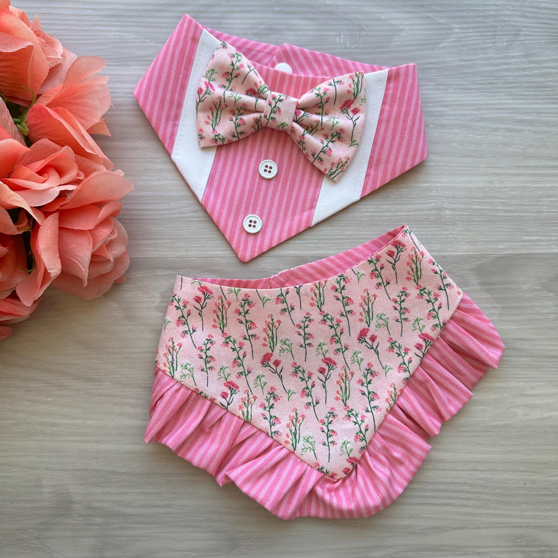 Spring Dog Tuxedo Bandana, Pink floral, Bandana with bow tie for dogs, summer cute dog boy accessories