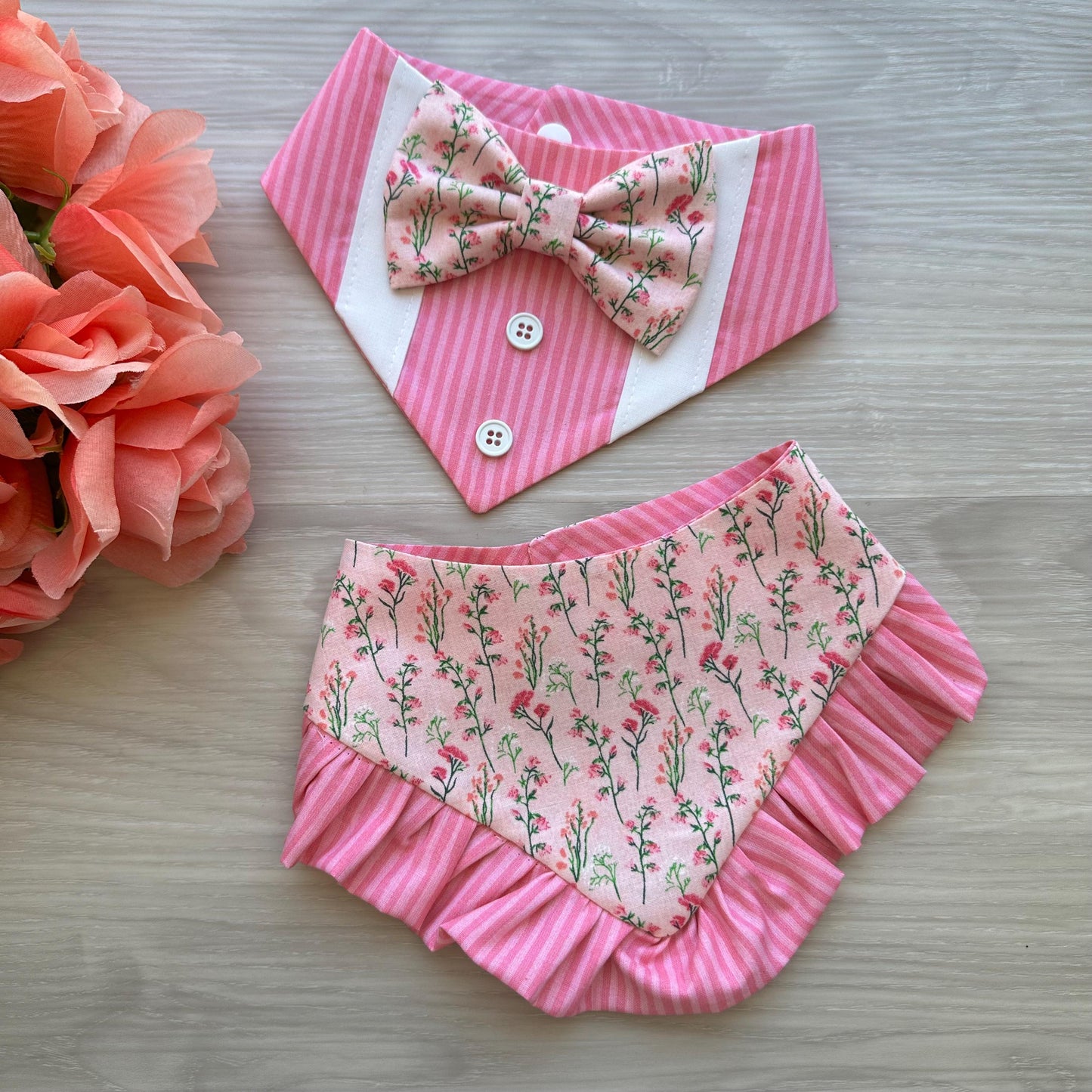 Spring Floral Dog Bandana with Ruffles, Snap On Bandana, Over the Collar Bandana, dog scarf, Personalized Dog Bandana, Tie on Dog Bandana