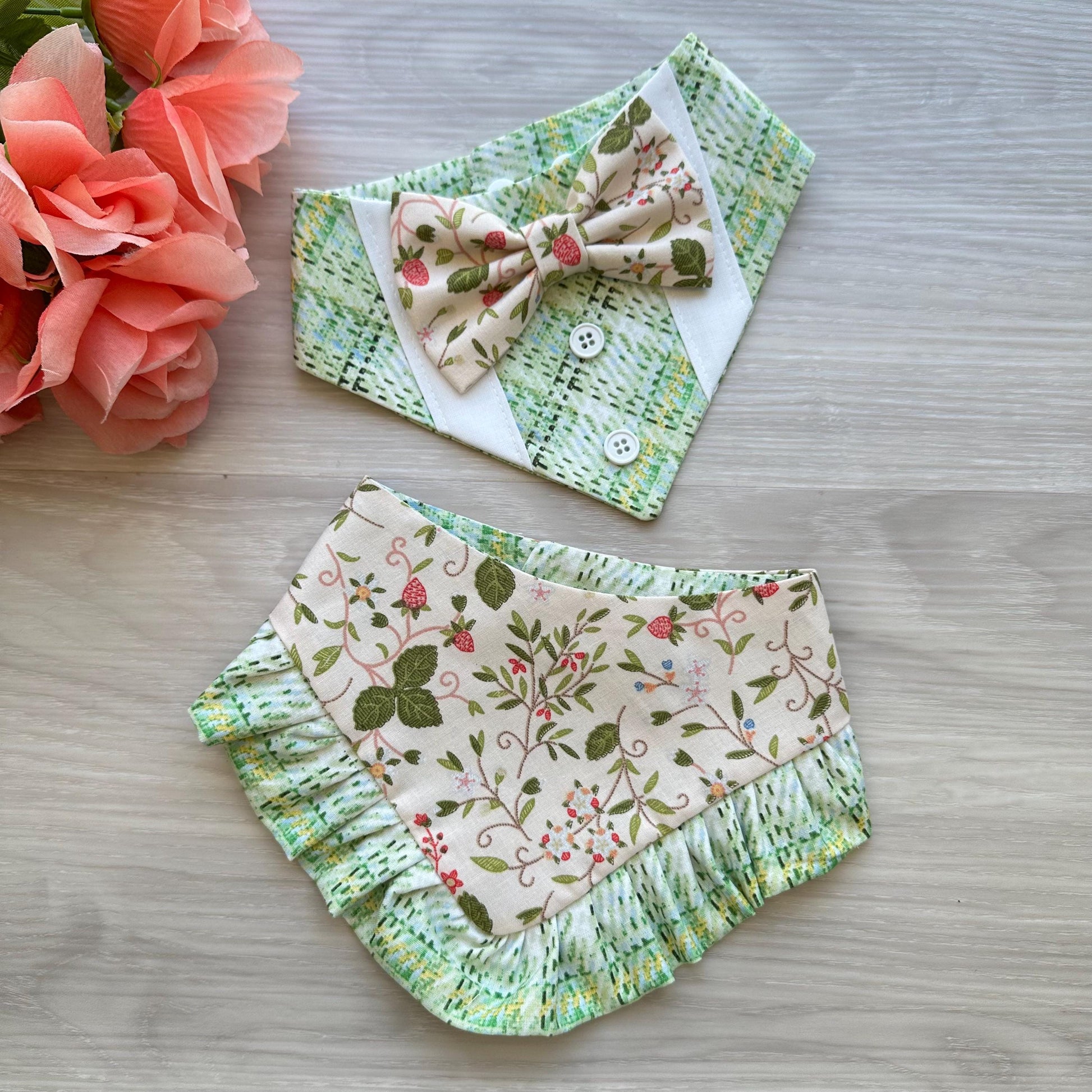 Spring Dog Tuxedo Bandana, Green floral, Bandana with bow tie for dogs, summer cute dog boy accessories