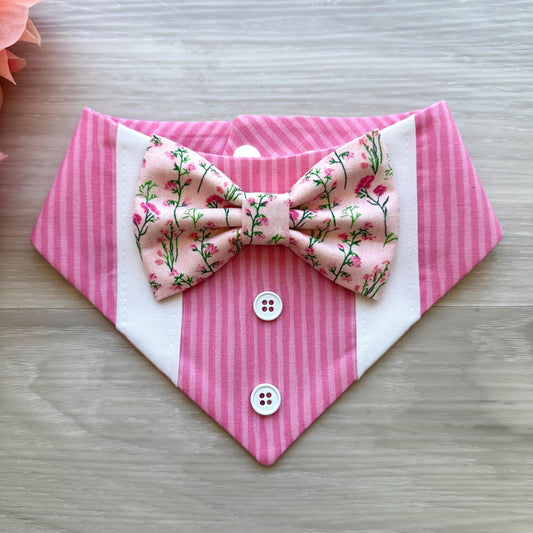 Spring Dog Tuxedo Bandana, Pink floral, Bandana with bow tie for dogs, summer cute dog boy accessories