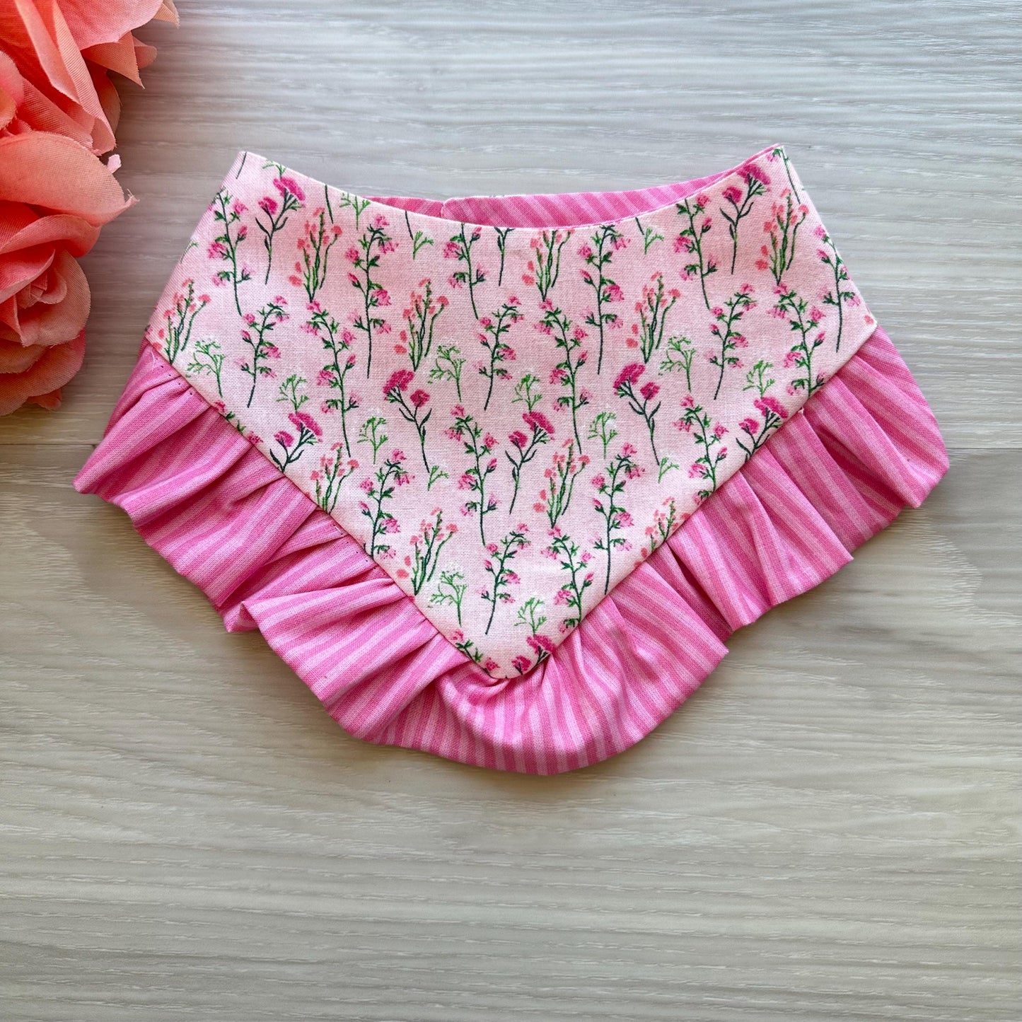 Spring Floral Dog Bandana with Ruffles, Snap On Bandana, Over the Collar Bandana, dog scarf, Personalized Dog Bandana, Tie on Dog Bandana