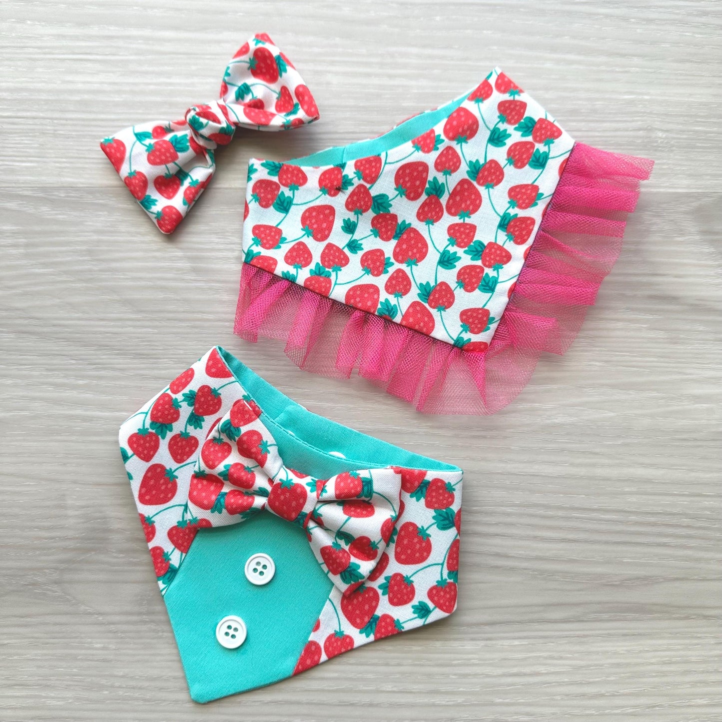 Strawberry Summer Dog Bandana with Ruffles Matching Hair Bow Pet Accessory Set Dog Summer Outfit Cute Pet Gift Summer Outfit for Small Dogs