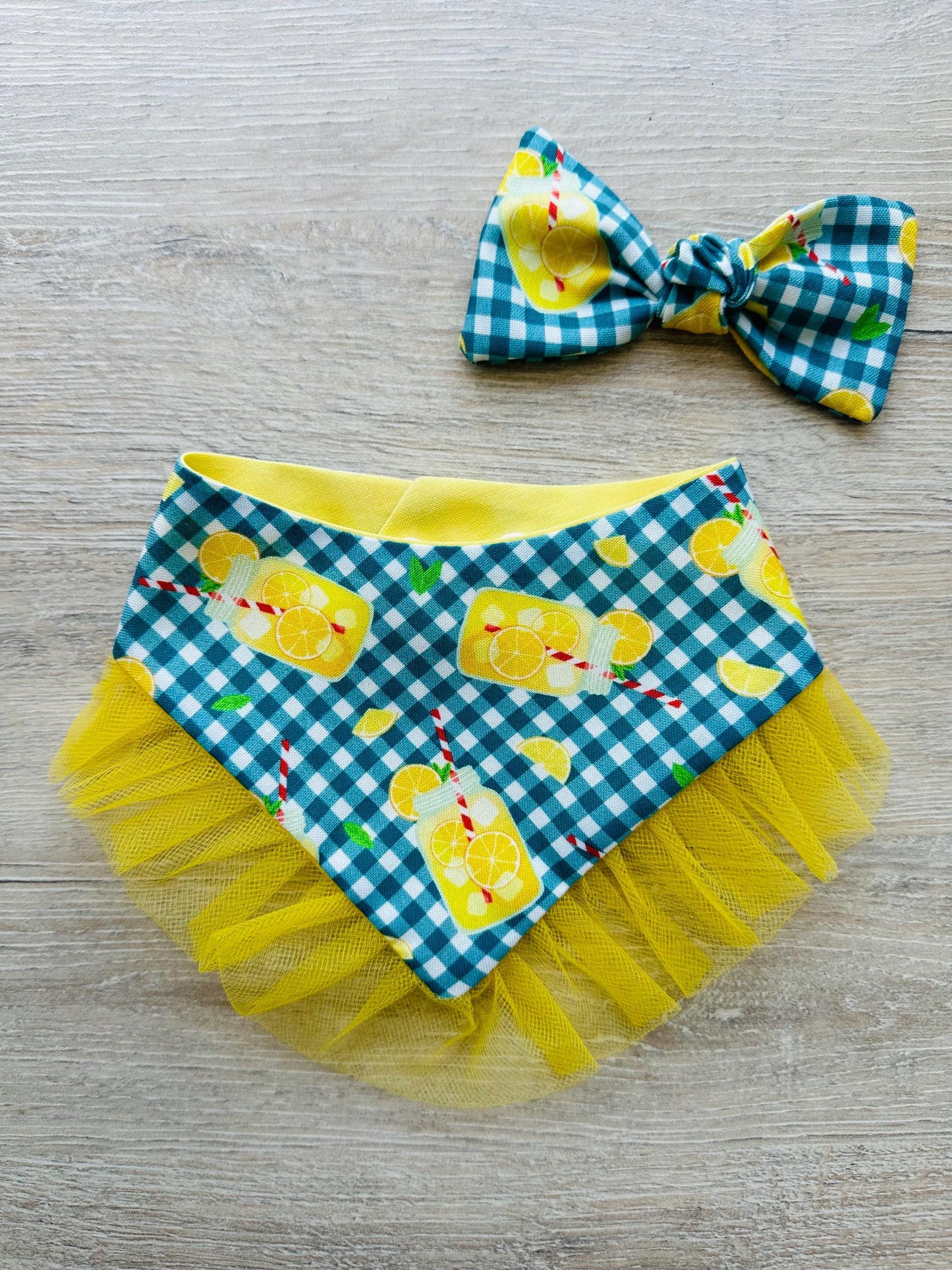 Lemonade Summer Dog Bandana with Ruffles & Matching Hair Bow Pet Accessory Set Dog Summer Outfit Cute Pet Gift Summer Outfit for Small Dogs