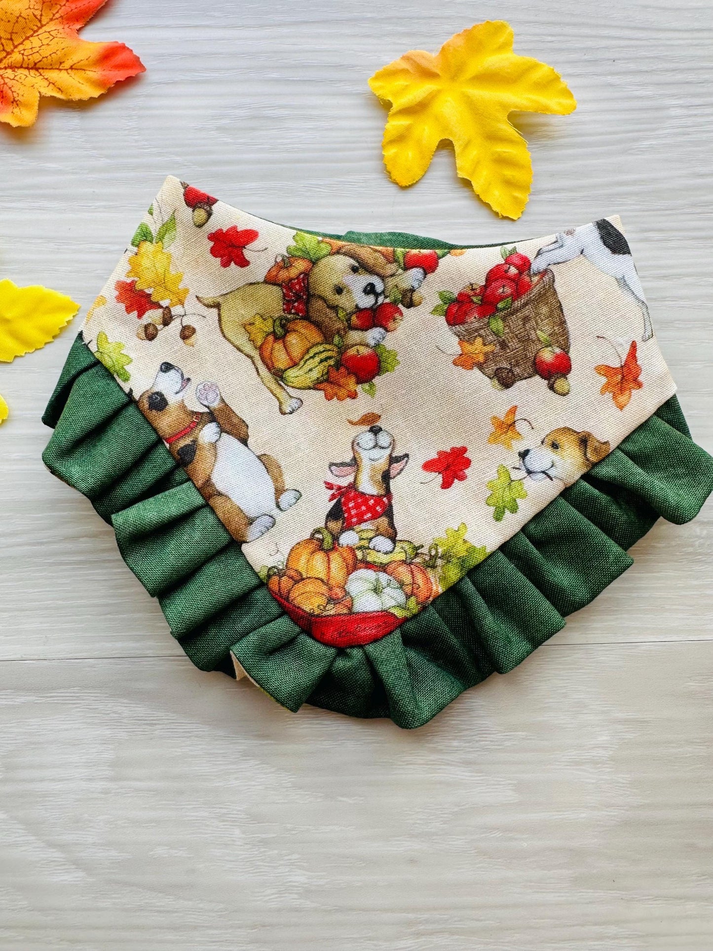 Dog bandana with Ruffle, Dogs and leaves Autumn scarf for pets, gift for dogs and cats fall inspired dog bandana, reversible bandana snap on
