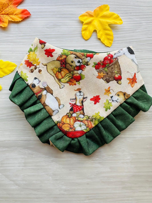 Dog bandana with Ruffle, Dogs and leaves Autumn scarf for pets, gift for dogs and cats fall inspired dog bandana, reversible bandana snap on