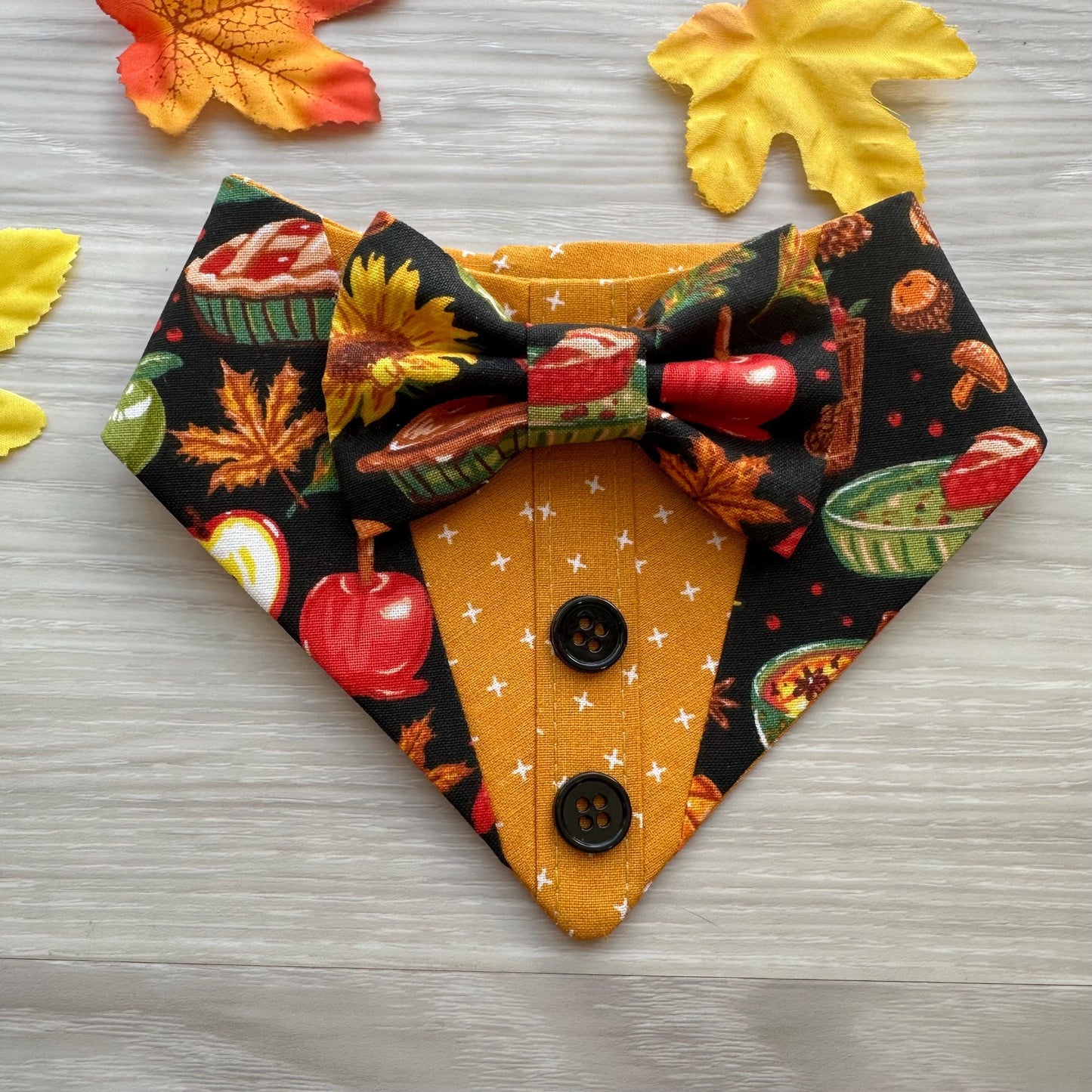 Fall Dog Tuxedo, Pies and apples Dog Bandana with Snaps, Pet scarf gift, Season dog scarf, Dog Bowtie, fancy Bandana autumn leaves season