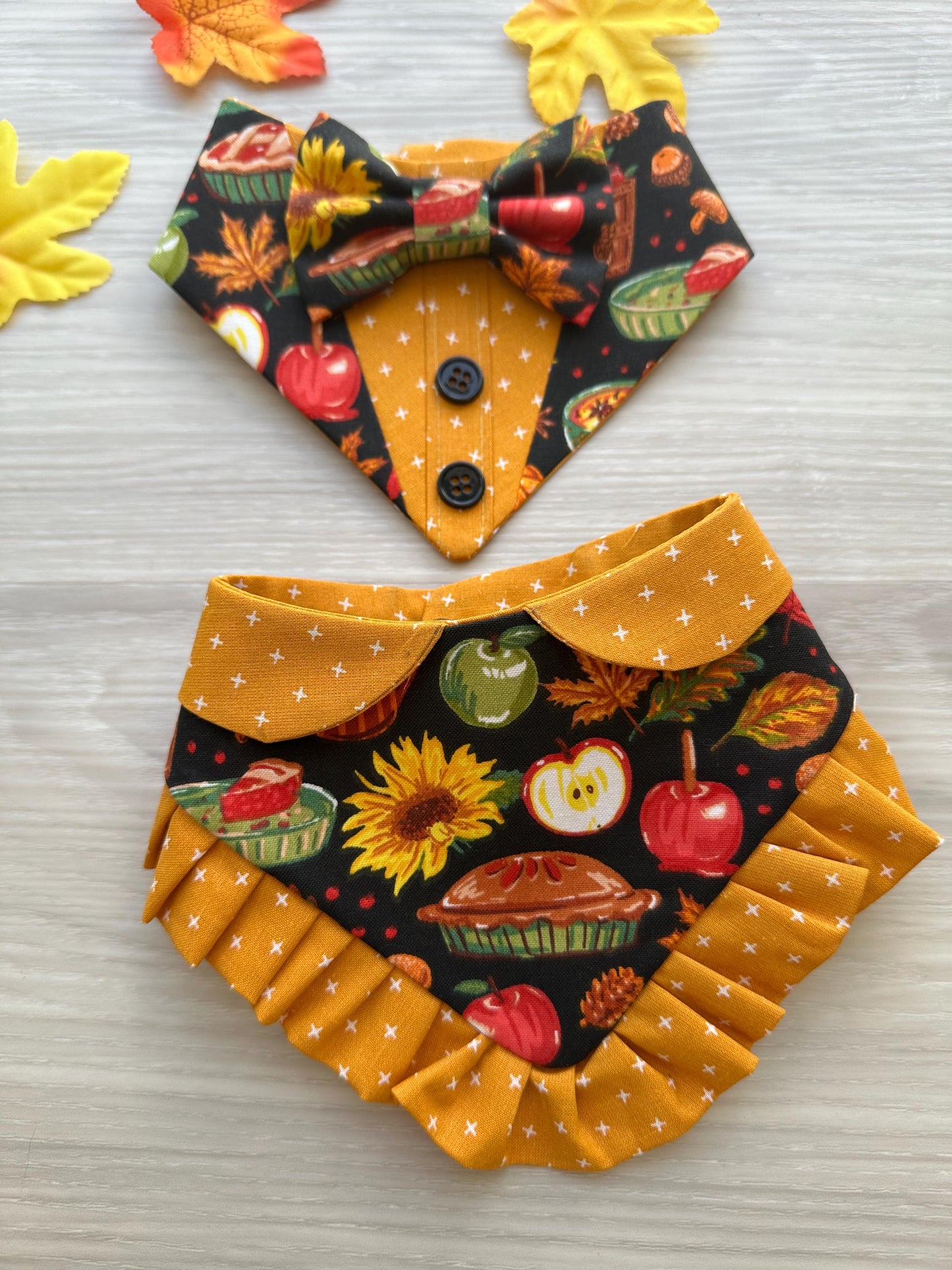 Fall Dog Tuxedo, Pies and apples Dog Bandana with Snaps, Pet scarf gift, Season dog scarf, Dog Bowtie, fancy Bandana autumn leaves season