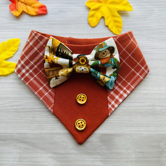 Fall Dog Tuxedo, Scarecrow Orange Plaid Dog Bandana, Dog bandana with Snaps, Pet scarf gift, Season dog scarf, Dog Bowtie, fancy Bandana