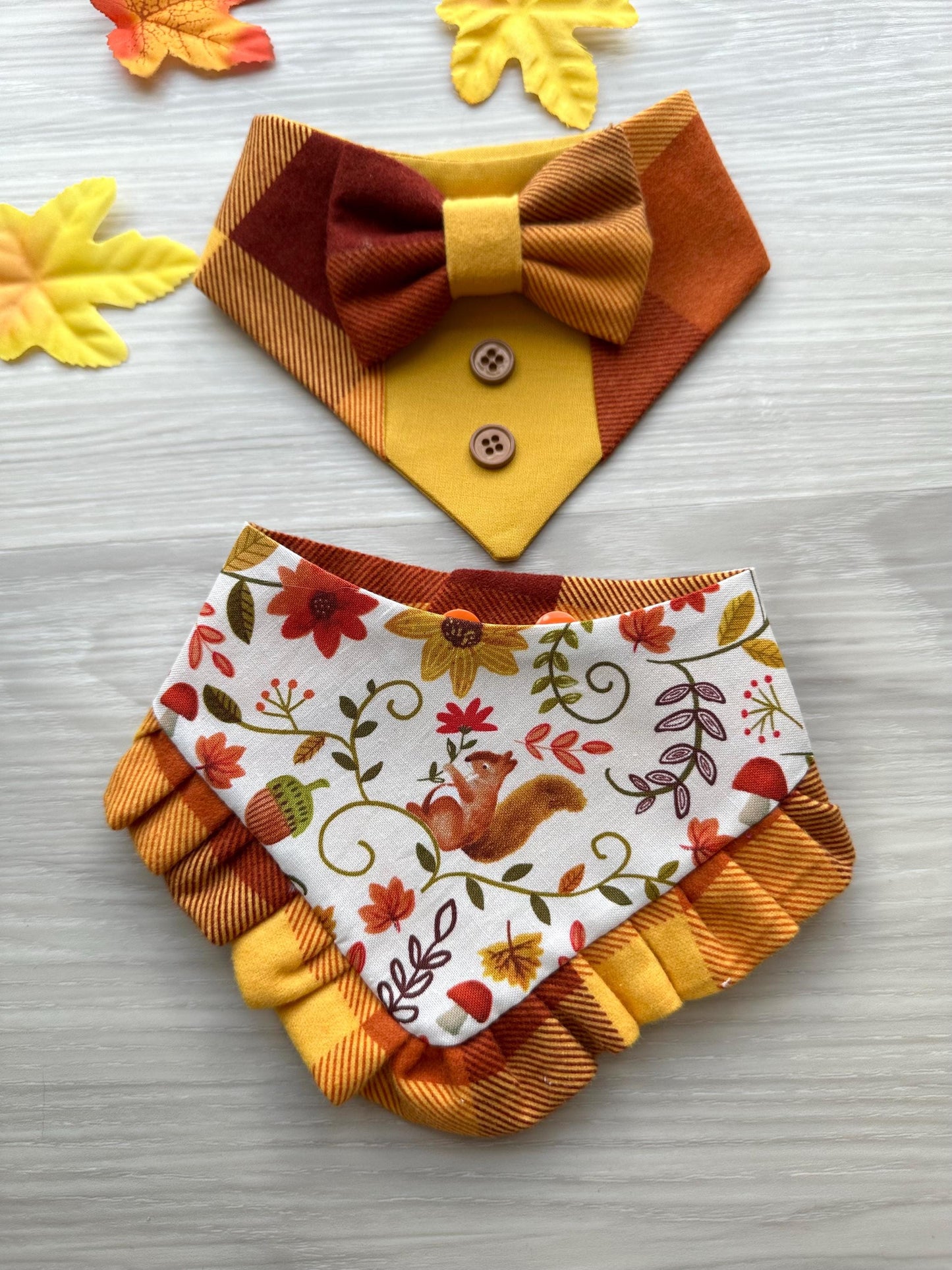 Fall Dog Tuxedo, Orange and Yellow Fleece Dog Bandana, Dog bandana with Snaps, Pet scarf gift, Season dog scarf, Dog Bowtie, fancy Bandana