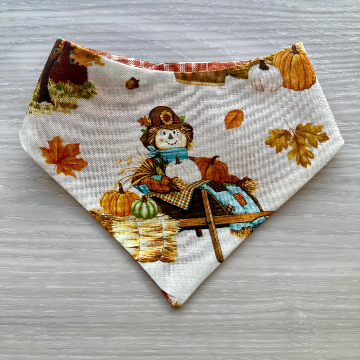 Fall Dog bandana, Big Fall leaves and green, Snap on Bandana, Matching hair-bow, Bow and Bandana, Autumn scarf for dogs, Curved neckline