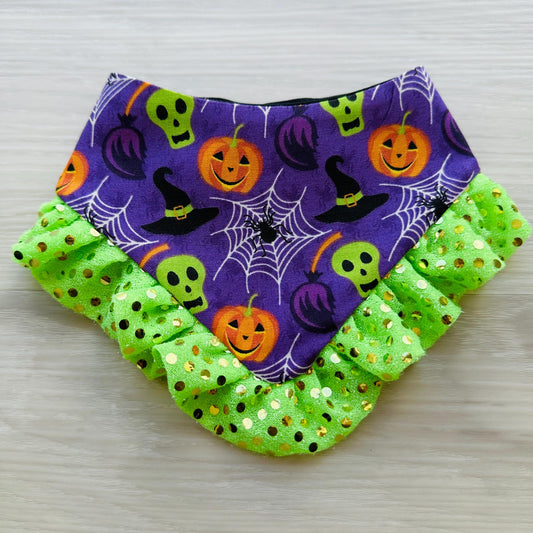 Halloween Dog Accessory | Spooky Dog Bandana | Trick or Treat Bandana | witch Hat spider Dog Bandana | Double Sided Pet Bandana with ruffle