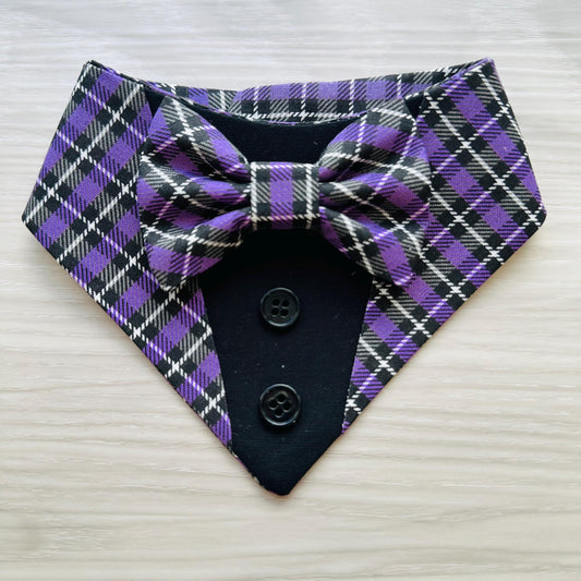 Halloween Dog Tuxedo Bandana Purple Plaid Pet Bandana | Halloween Pet Accessory | Cat Bandana | Pet Scarf for Halloween