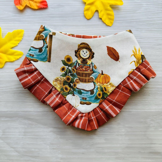 Dog bandana with Ruffle, Scarecrow Autumn scarf for pets, gift for dogs and cats fall inspired dog bandana, reversible bandana snap on