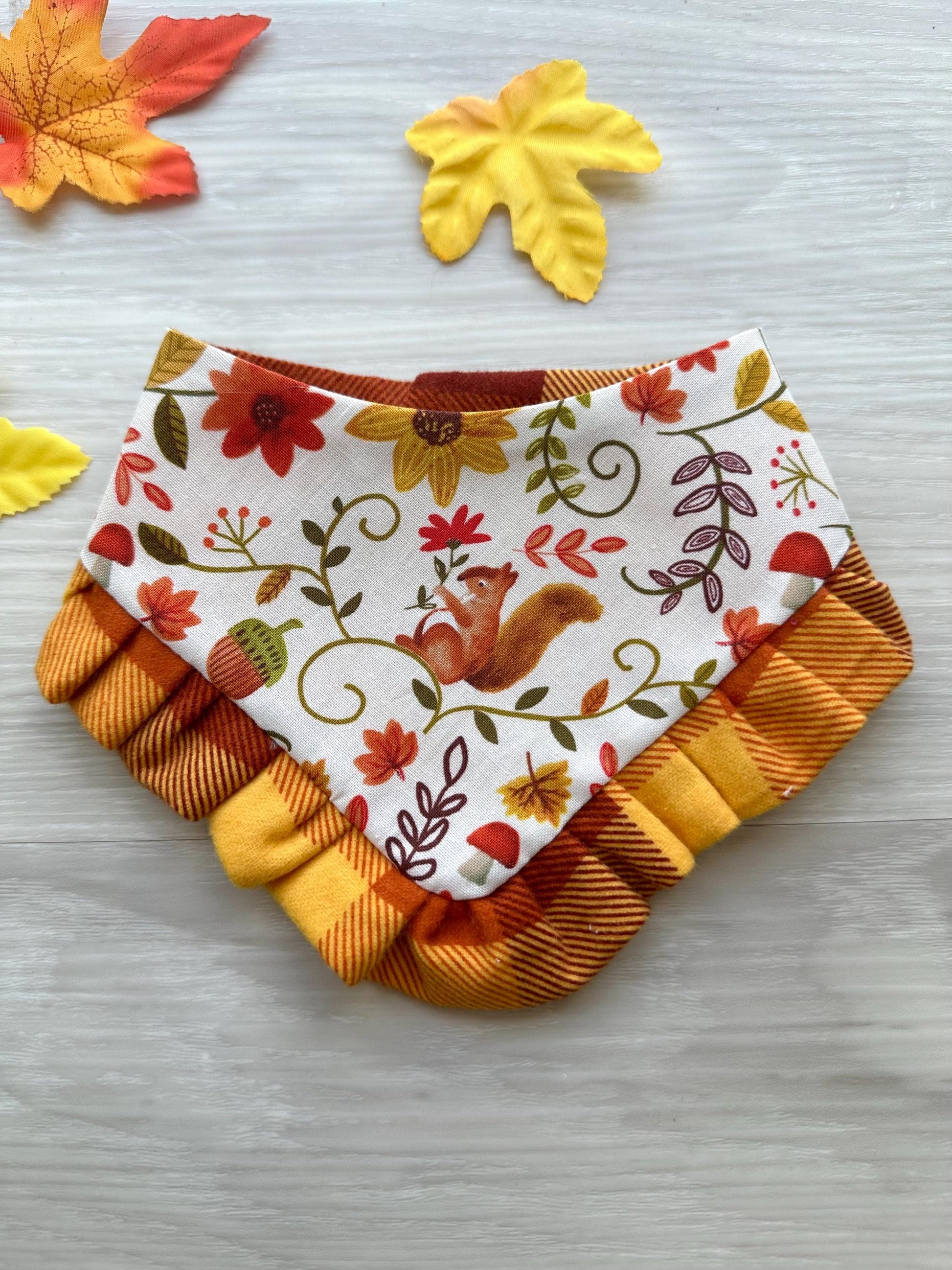 Dog bandana with Ruffle, Autumn leaves scarf for pets, gift for dogs and cats fall inspired dog bandana, reversible bandana snap on