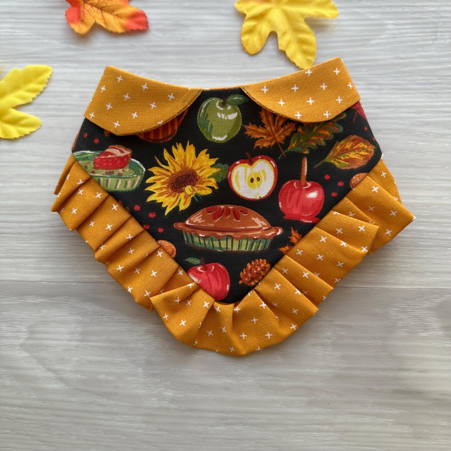 Fall Dog Bandana with Ruffle Pies and apple accessories for pets autumn fall leaves and pies apple cider bandana