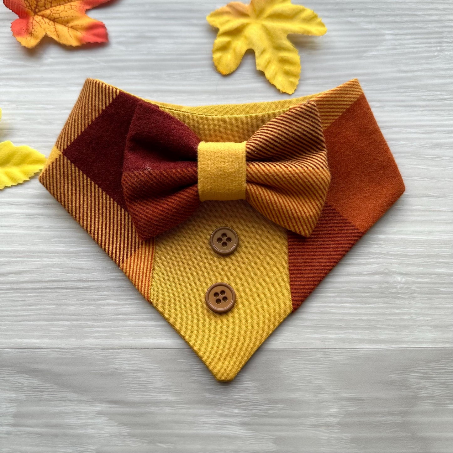 Fall Dog Tuxedo, Orange and Yellow Fleece Dog Bandana, Dog bandana with Snaps, Pet scarf gift, Season dog scarf, Dog Bowtie, fancy Bandana