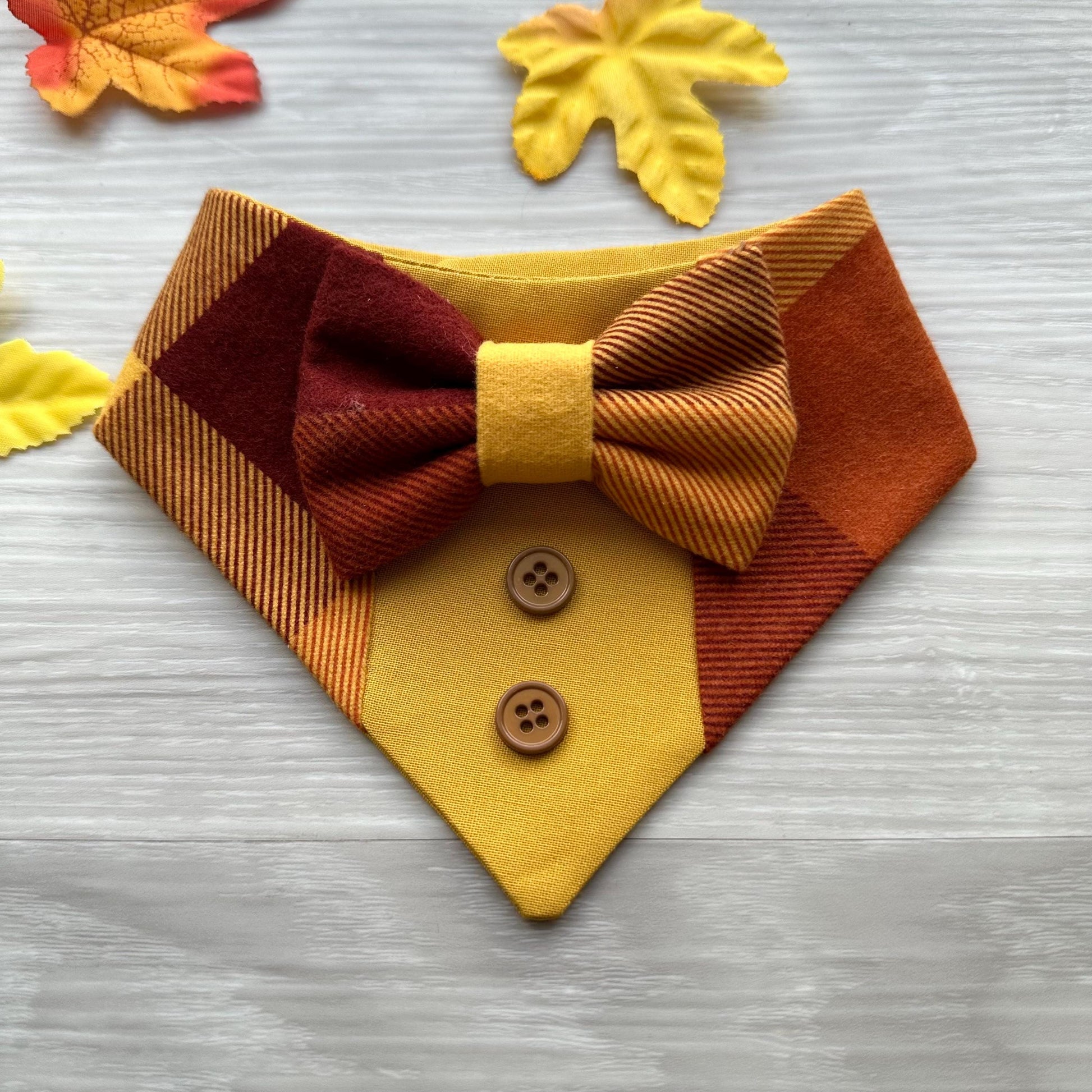 Fall Dog Tuxedo, Orange and Yellow Fleece Dog Bandana, Dog bandana with Snaps, Pet scarf gift, Season dog scarf, Dog Bowtie, fancy Bandana
