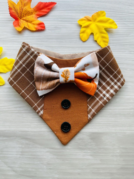 Fall Dog Tuxedo, Pumpkin and Brown Plaid Dog Bandana, Dog bandana with Snaps, Pet scarf gift, Season dog scarf, Dog Bowtie, fancy Bandana