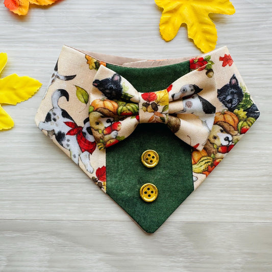 Fall Dog Tuxedo bandana Dogs and Leaves bandana with Snaps, Pet scarf gift, Season dog scarf, bandana with bow tie fancy Bandana