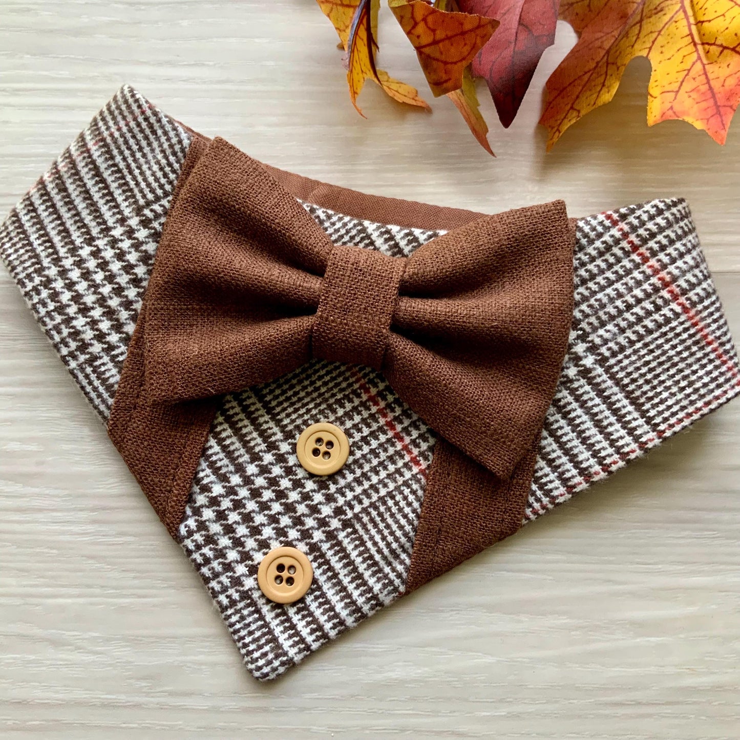 Fall Dog Tuxedo, Brown Plaid Dog Bandana, Dog bandana with Snaps, Pet scarf gift, Season dog scarf with Bowtie fancy Bandana