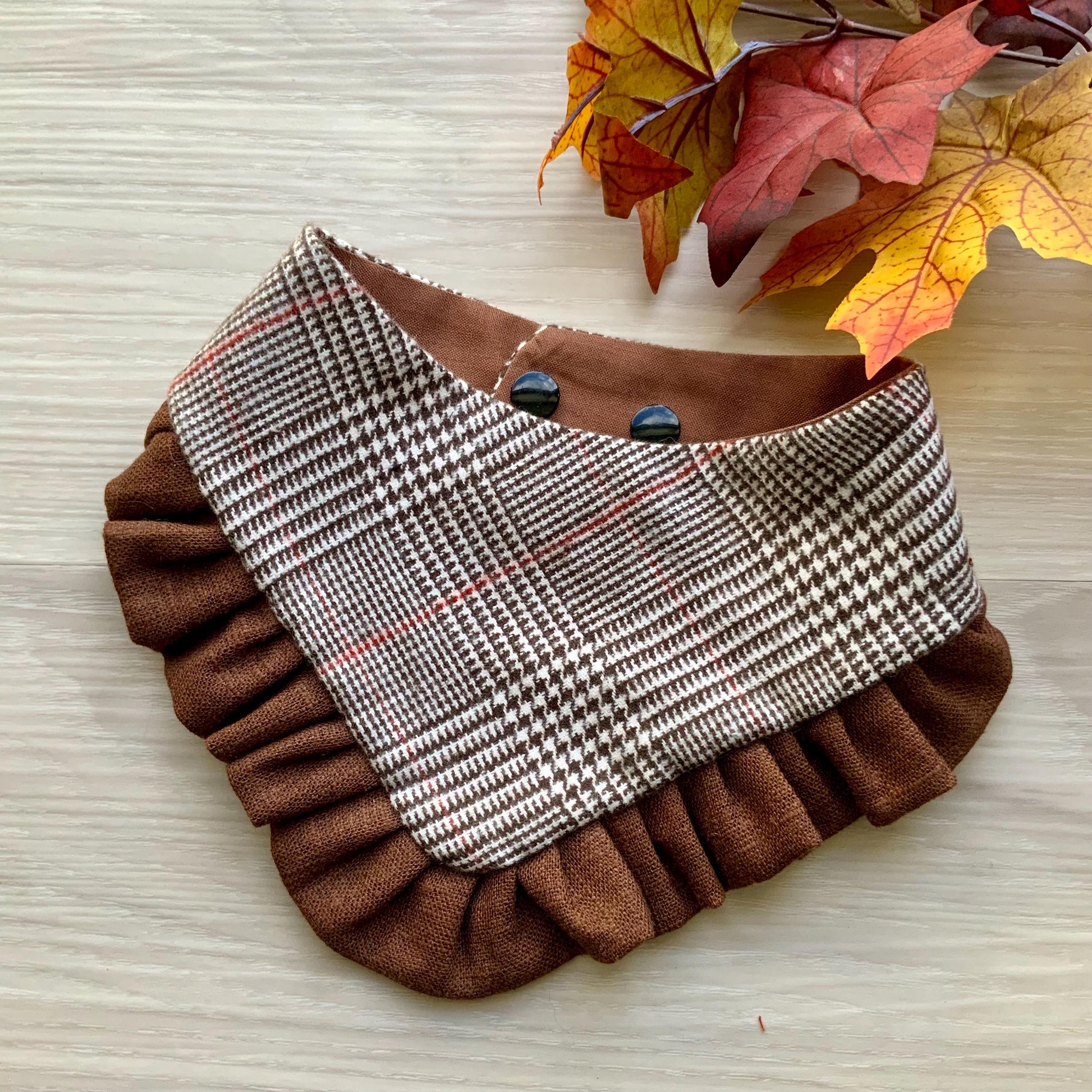 Autumn Dog bandana with ruffle, Brown plaid Fall snap on dog bandana, girl dog bandana with trim, Brown and orange plaid bandana,