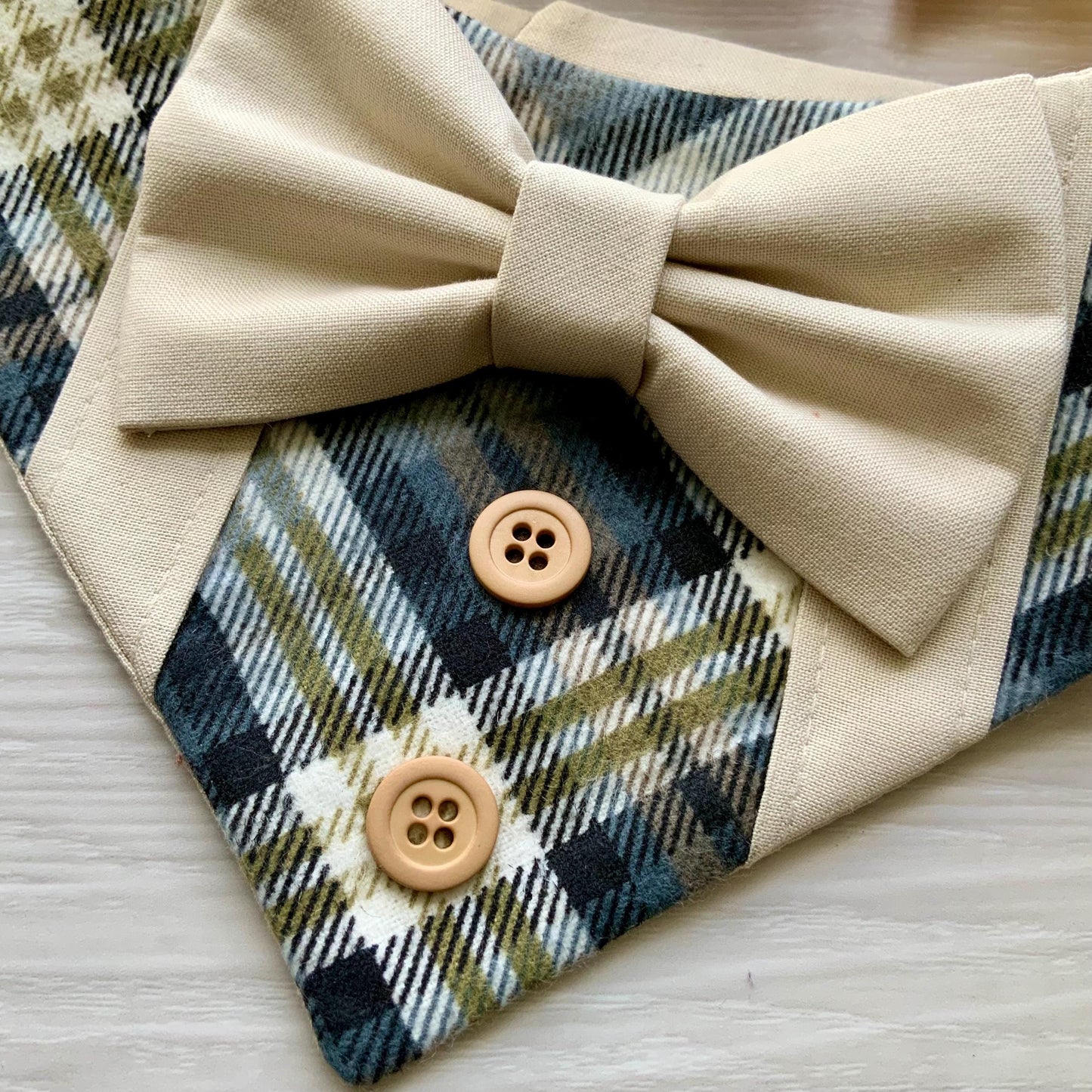 Fall Dog Tuxedo, Beige Plaid Dog Bandana, Dog bandana with Snaps, Pet scarf gift, Season dog scarf with Bowtie, plaid with gray olive green
