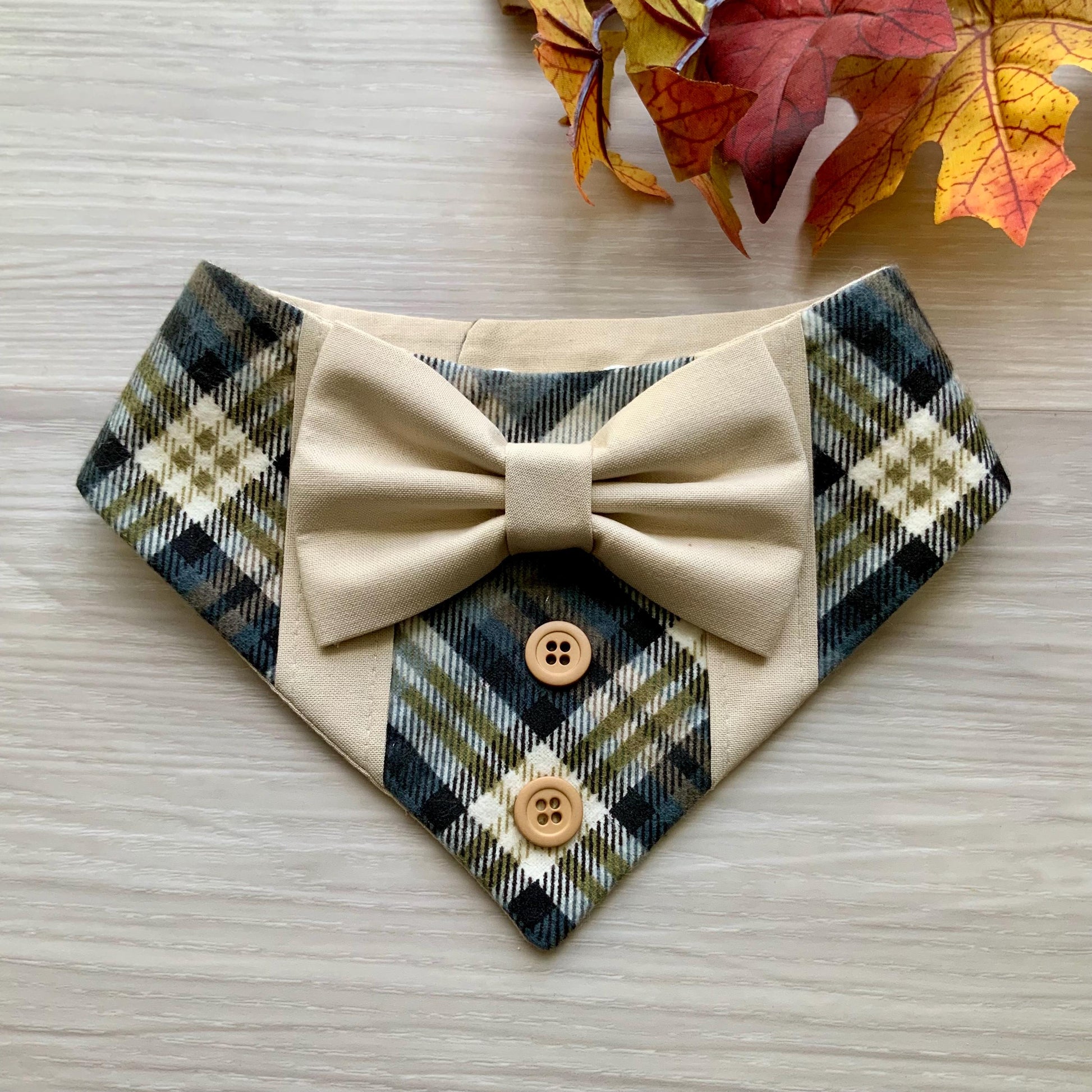 Fall Dog Tuxedo, Beige Plaid Dog Bandana, Dog bandana with Snaps, Pet scarf gift, Season dog scarf with Bowtie, plaid with gray olive green