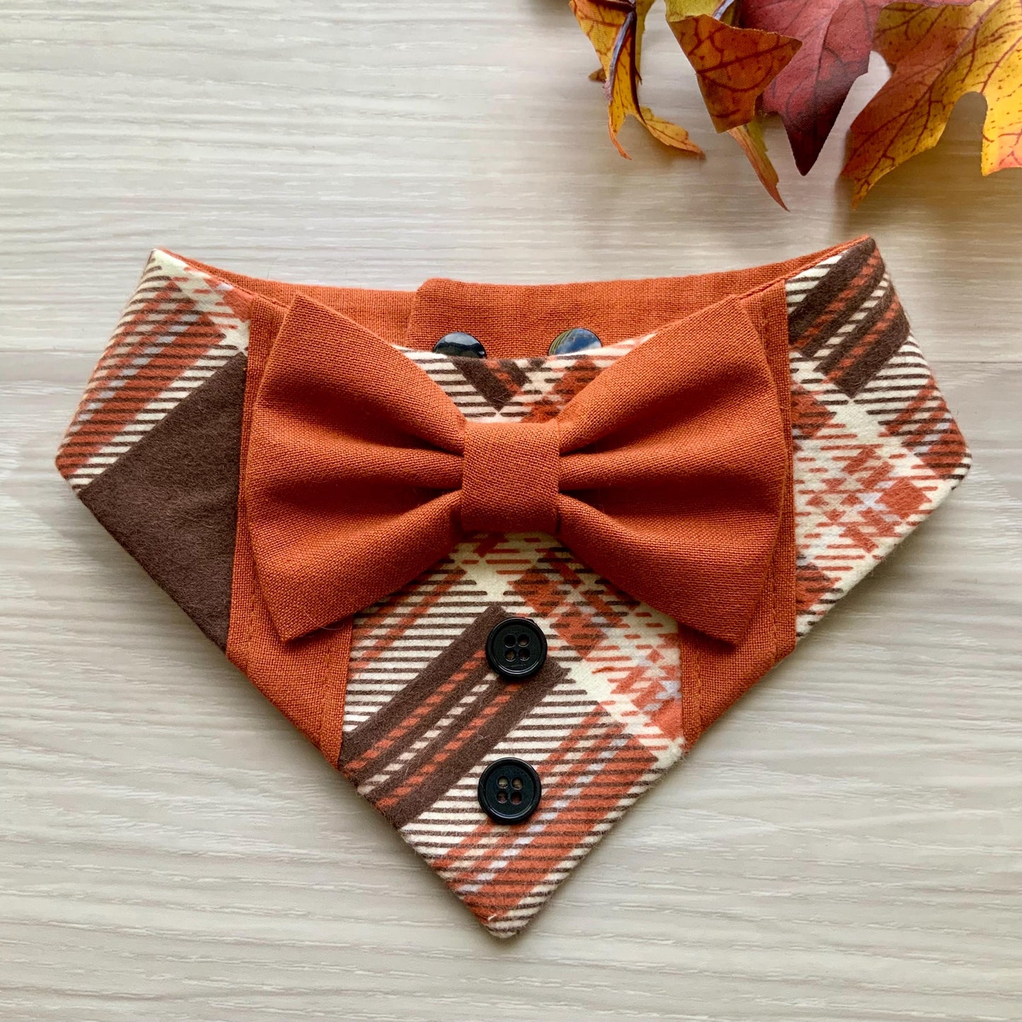 Fall Dog Tuxedo, Pumpkin Spice Plaid Bandana with snaps, Pet scarf gift for dogs and cat, Fancy dog bandana with bowtie, Autumn pet neckwear
