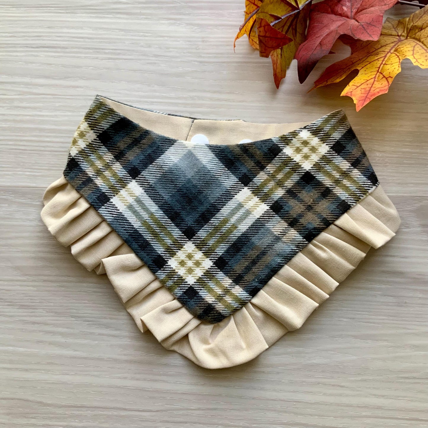 Autumn Dog bandana with ruffle, Beige plaid Fall snap on dog bandana, girl dog bandana with trim, Gray and olive green plaid bandana,
