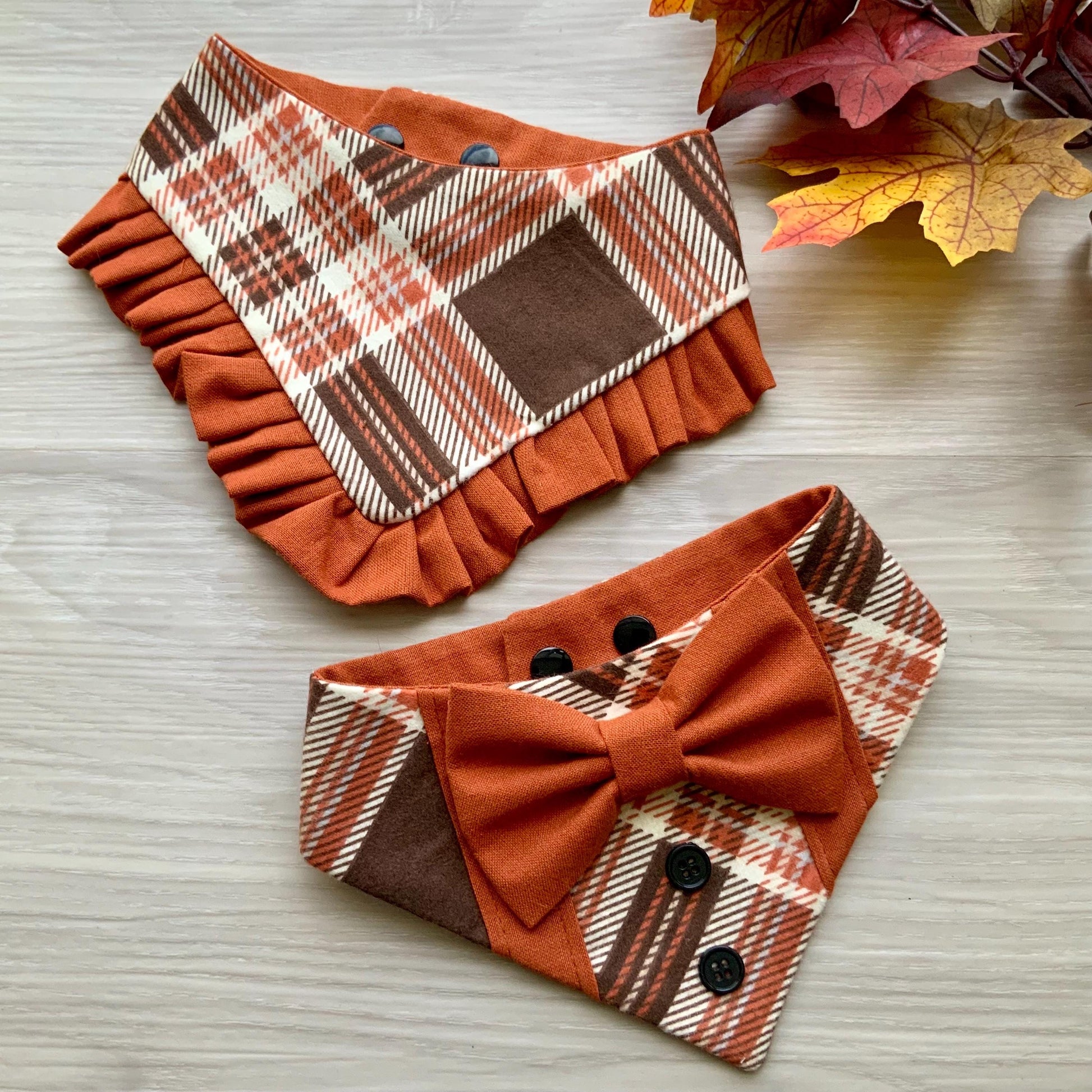 Autumn Dog bandana with ruffle, Pumpkin Spice plaid Fall snap on dog bandana, girl dog bandana with trim, orange plaid bandana