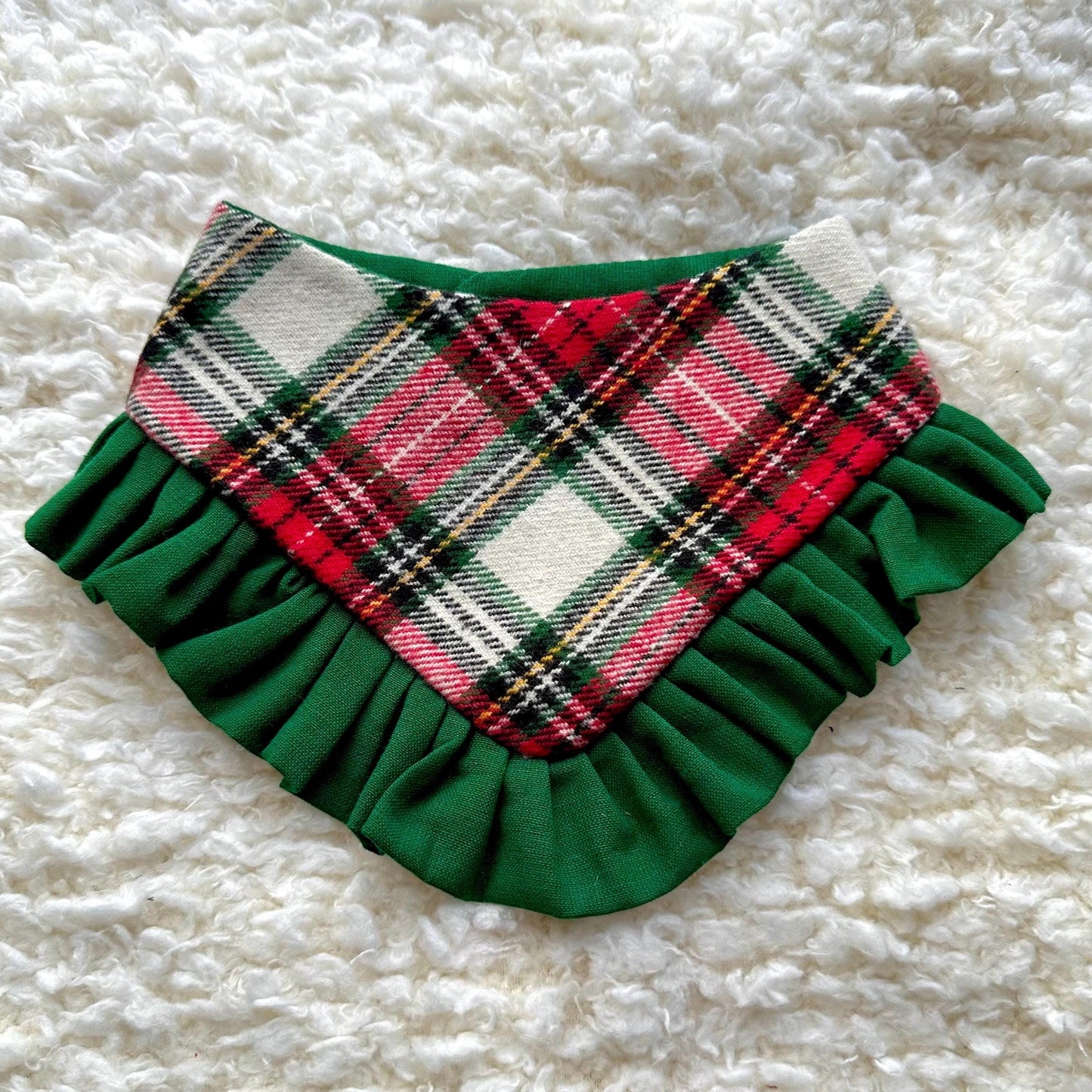Christmas Red White Tartan Plaid W/Ruffles Dog bandana, Snap on dog flannel scarf, Xmas Holiday Bandana