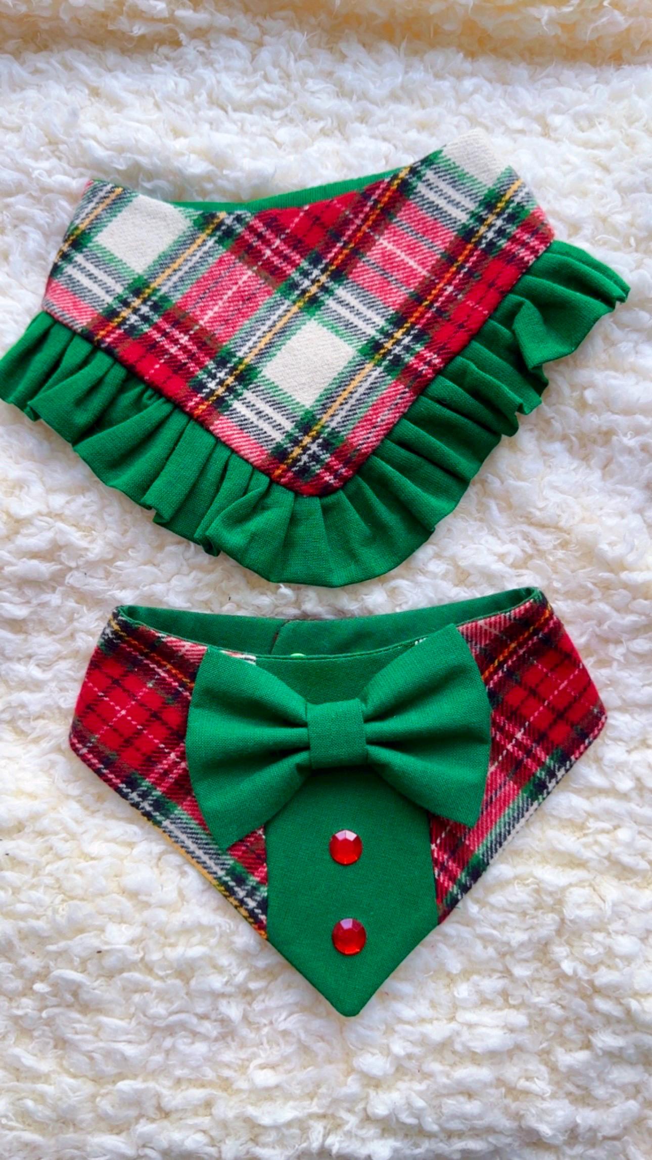 Christmas Red White Tartan Plaid Dog Tuxedo Bandana