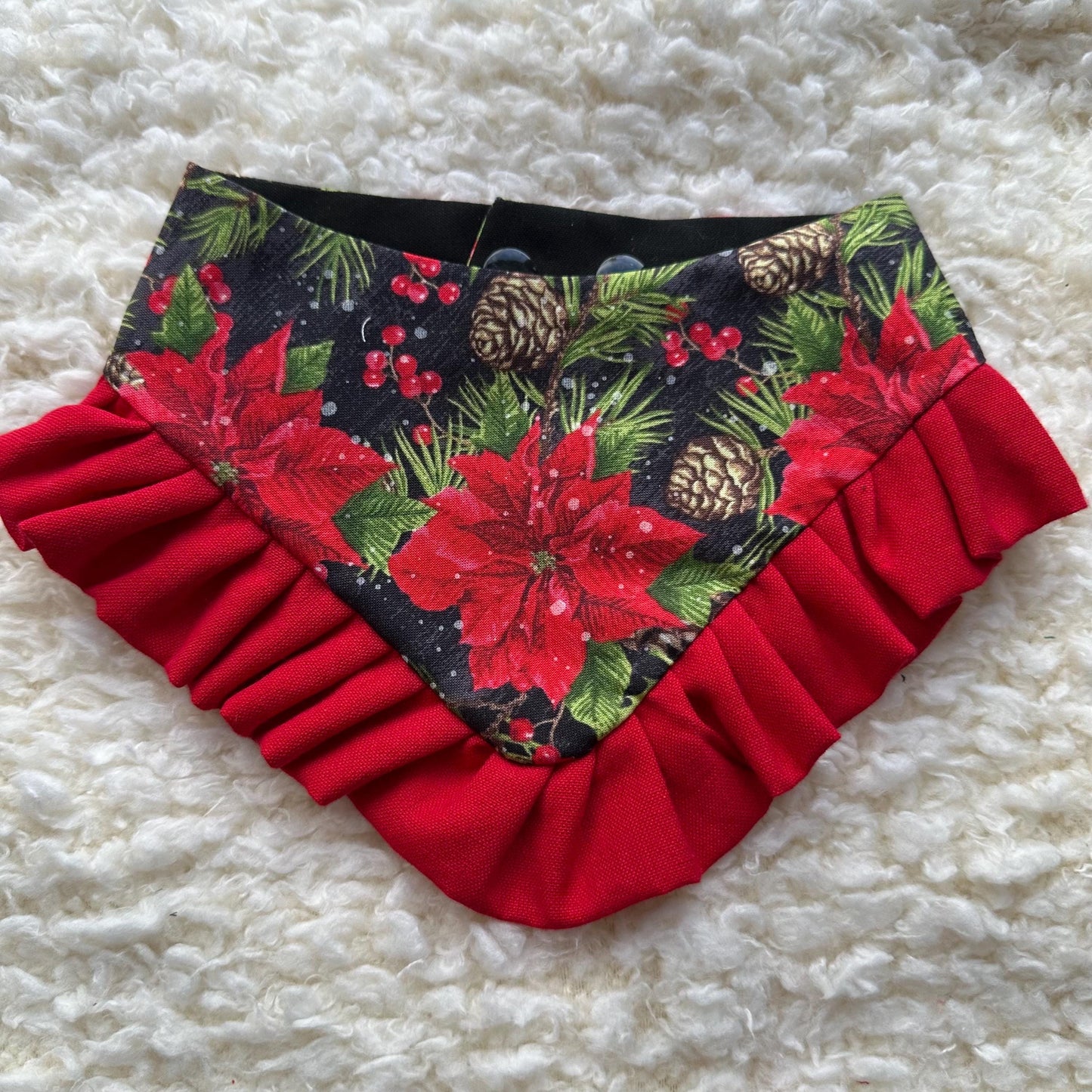 Christmas Red poinsettia W/Ruffles Dog bandana, snap closure dog bandana, holiday dog bandana, red dog bandana, ruffle trim dog bandana