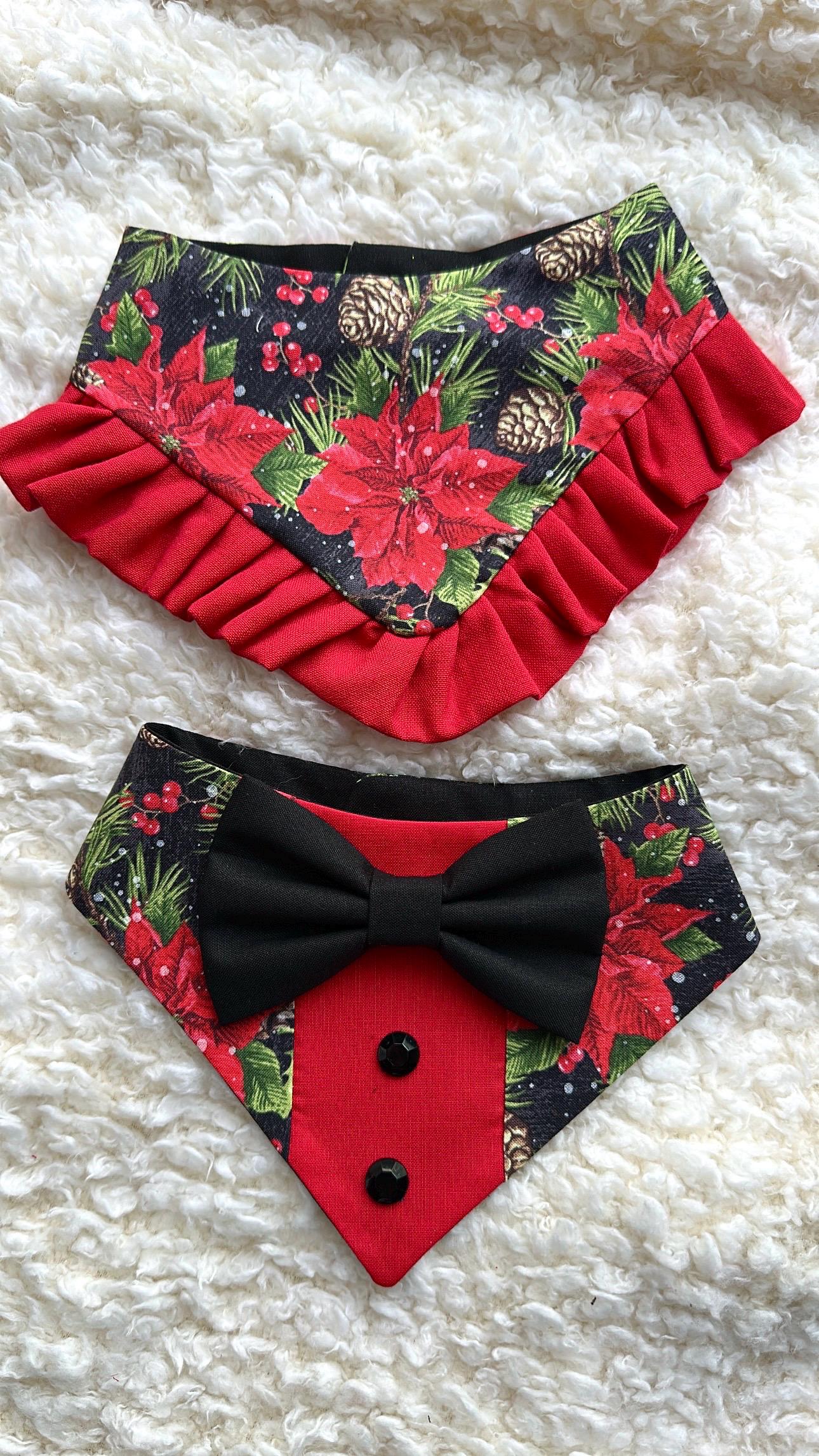 Christmas Red Poinsettia Dog Tuxedo Bandana, Christmas gift for the holiday,dog holiday scarf, fancy dog bandana for boy black and red