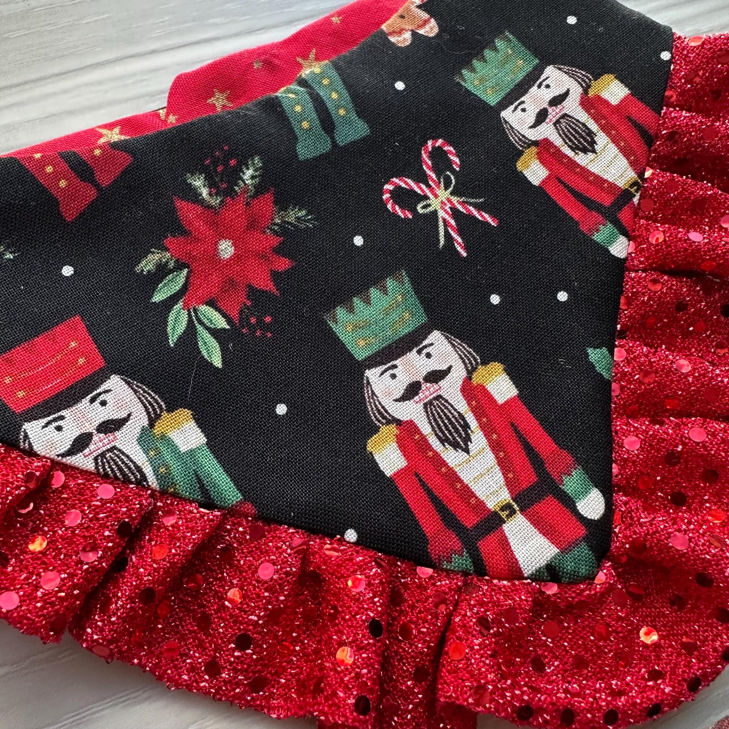 Christmas Red Nutcracker W/Ruffles Dog bandana, snap closure dog bandana, holiday dog bandana, red dog bandana, ruffle trim dog bandana