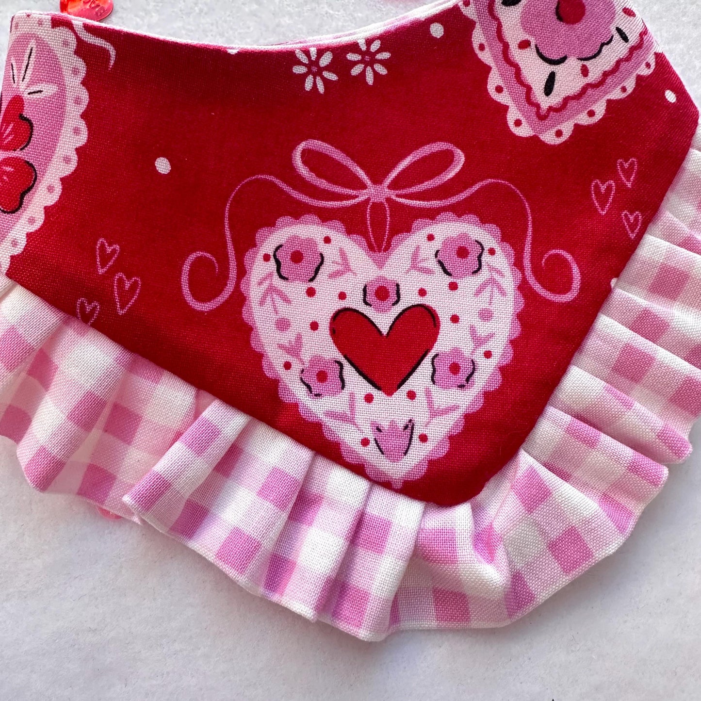 Patch Hearts Valentines Dog Bandana with Ruffles, Snap On, XOXO