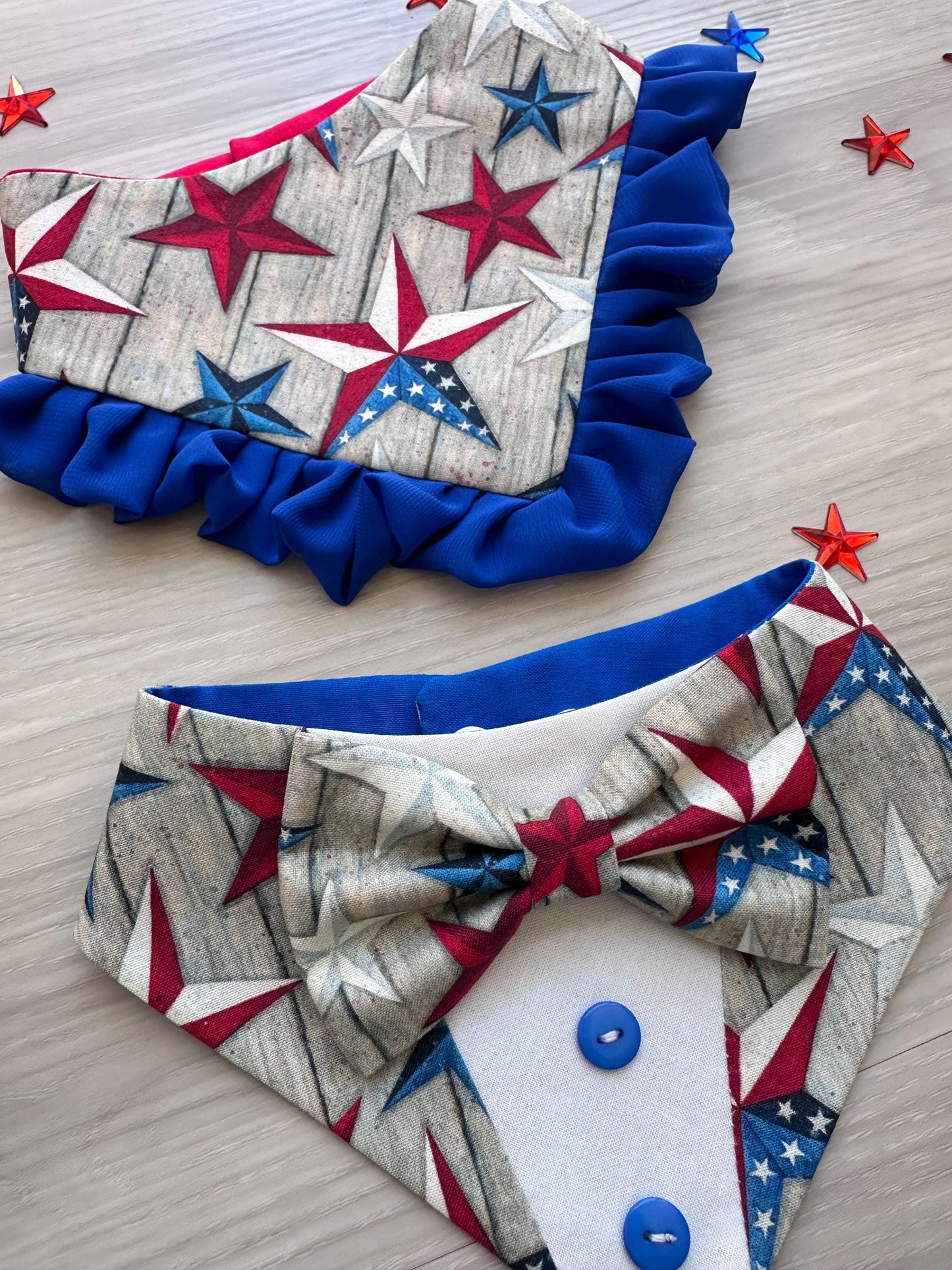 Patriotic Dog Bandana 4th of July, Flag Red White Blue Star Bandana for Dogs, Summer Pet Scarf, Fireworks Dogs scarf, bandana with ruffles,