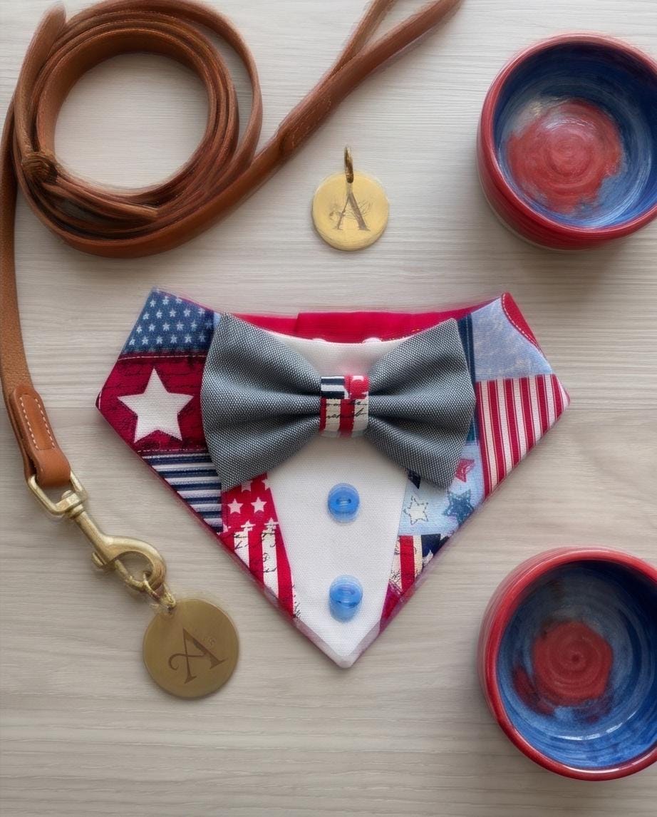 Patriotic Dog Tuxedo Bandana, 4th of July Pet Bandana, Patch USA Dog Scarf, Independence Day Dog Gift, American Flag Dog Bandana