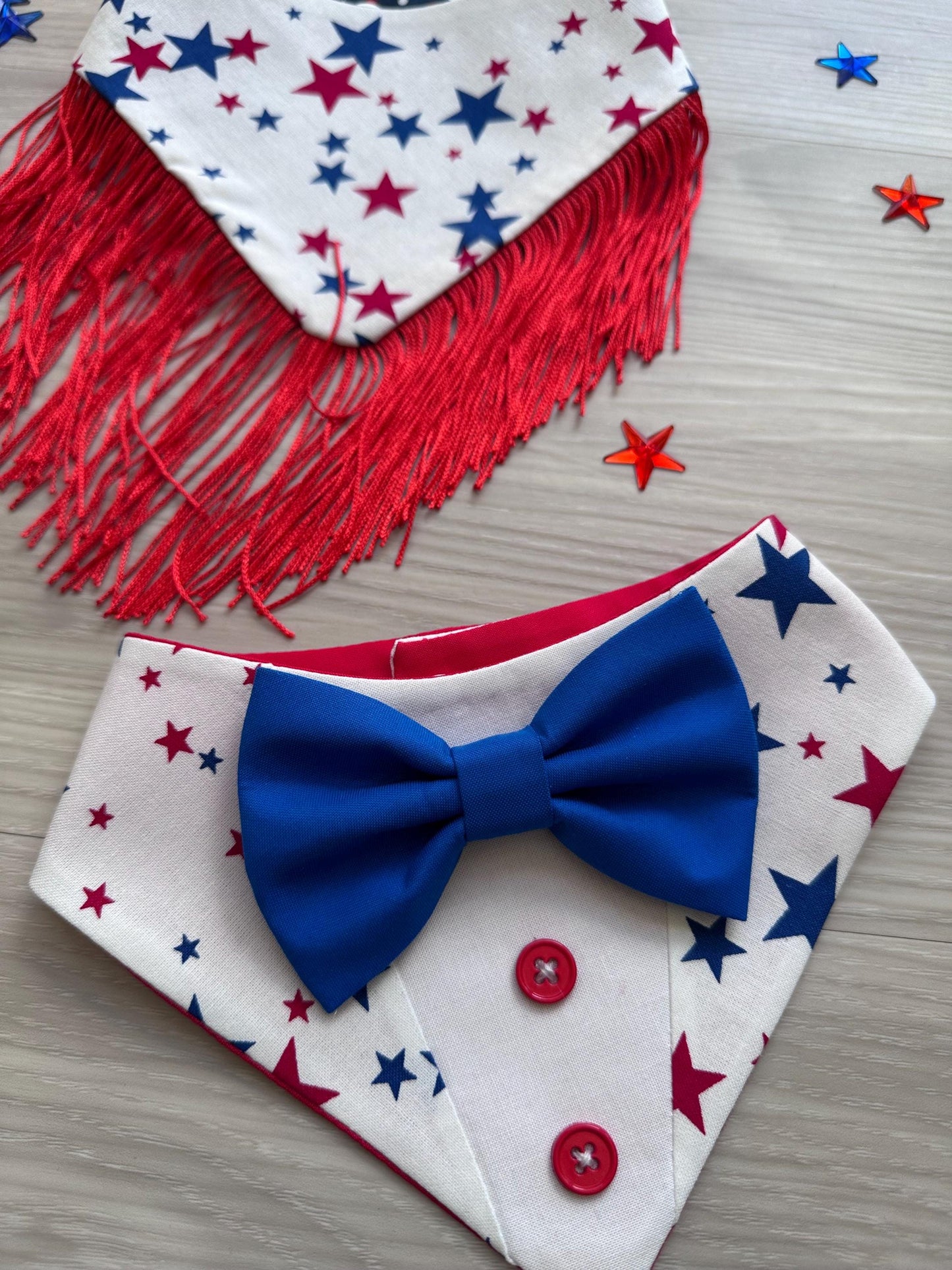 Patriotic Dog Bandana 4th of July, Stars Red White Blue Star Bandana for Dogs, Summer Pet Scarf, Fireworks Dogs scarf, bandana with ruffles,