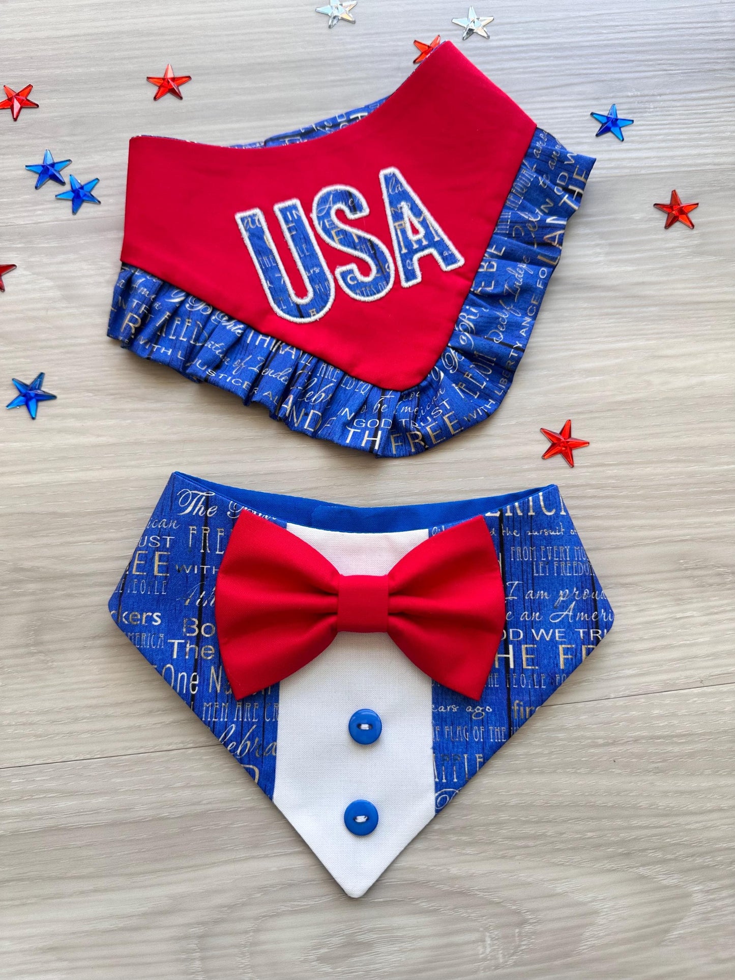 Patriotic Dog Bandana 4th of July, Red White Blue Star Bandana for Dogs, Embroidery USA, Fireworks Dogs scarf, bandana with ruffles,