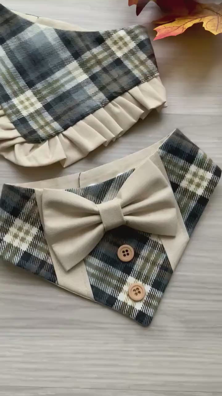 Fall Dog Tuxedo, Beige Plaid Dog Bandana, Dog bandana with Snaps, Pet scarf gift, Season dog scarf with Bowtie, plaid with gray olive green