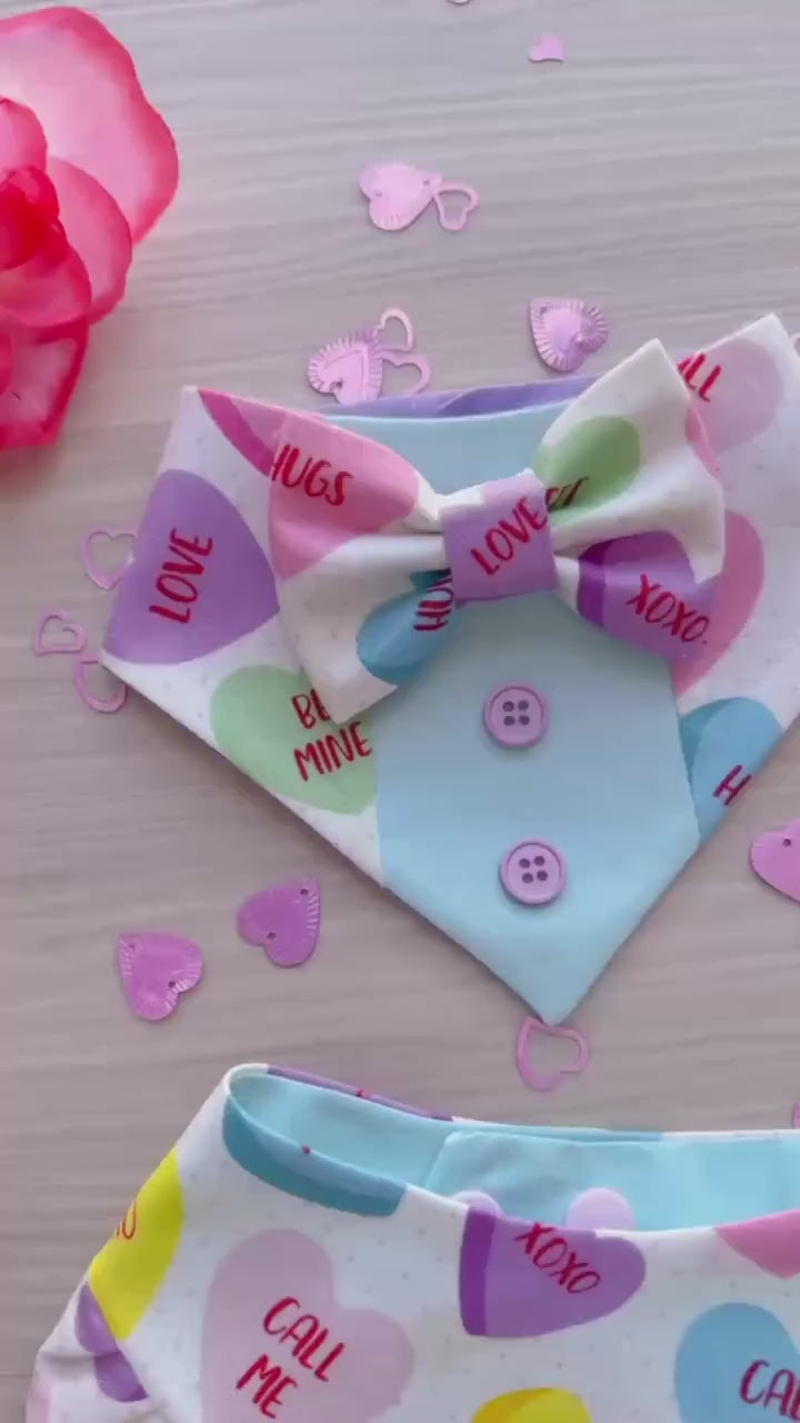 Heart Candies Valentines Dog bandana with ruffles, Snap on Bandana, Matching hair-bow, Bow and Bandana, Xoxo bandana