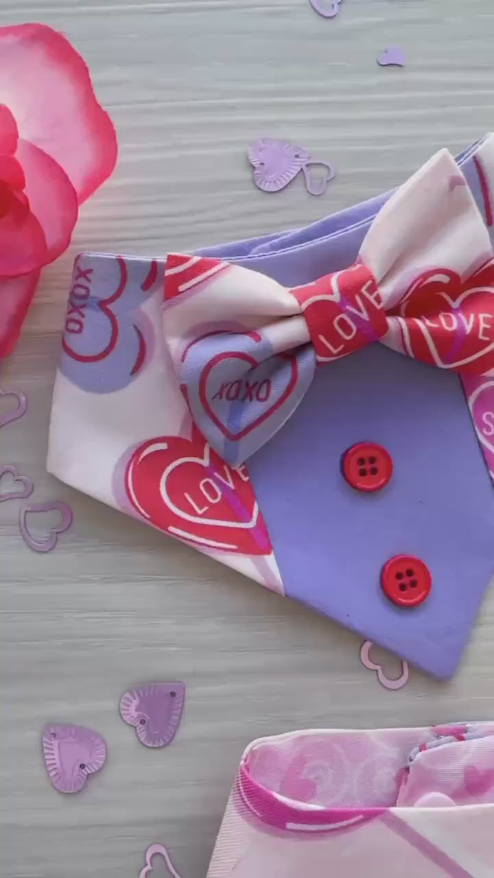 Heart Lollipops , Tuxedo dog bandana, Valentines Day bandana with bowtie, Dog bandana with Snaps, plaid dog scarf, Dog Bowtie,