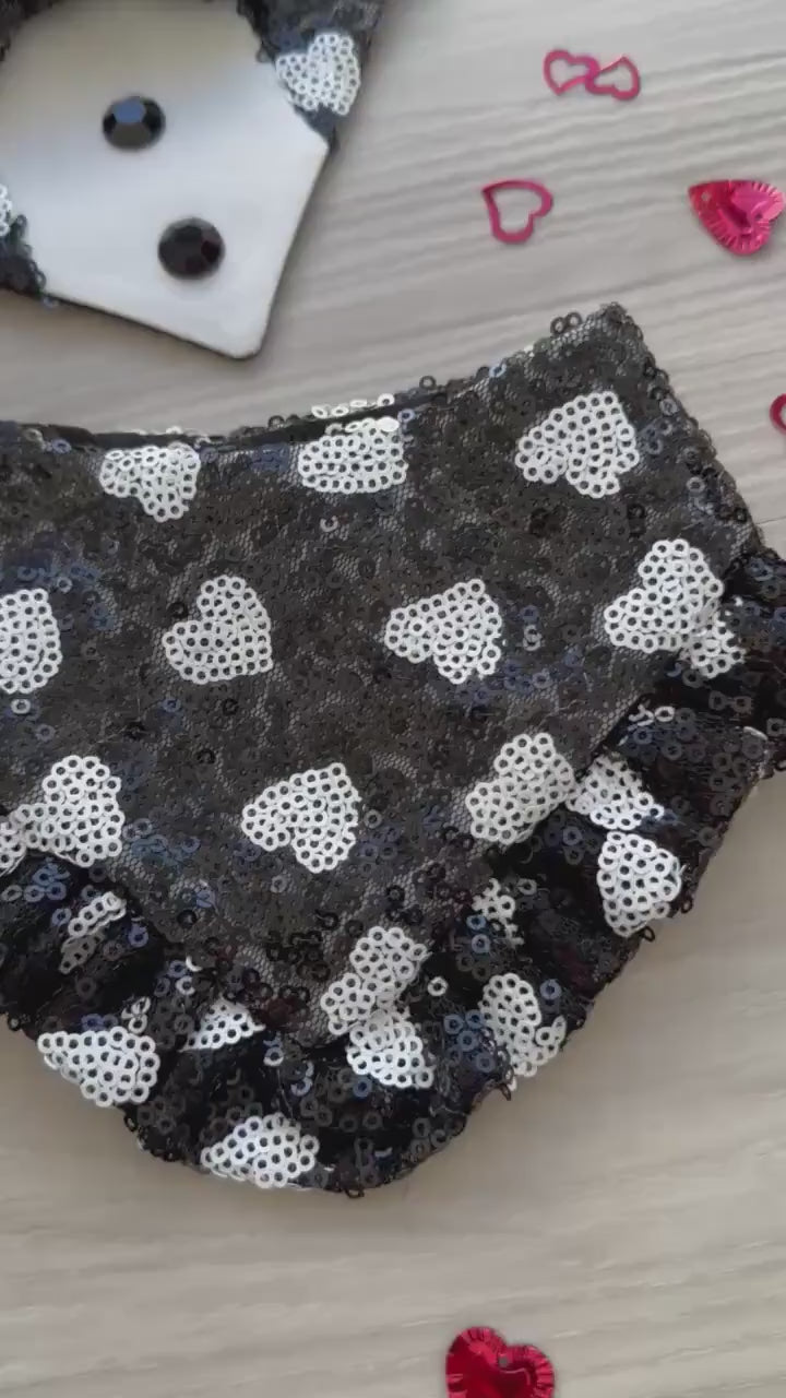 Fancy Valentines Dog Tuxedo, Black and white hears sequins, Valentines pet scarf, Pet accessory for cats, bandana and bowtie,