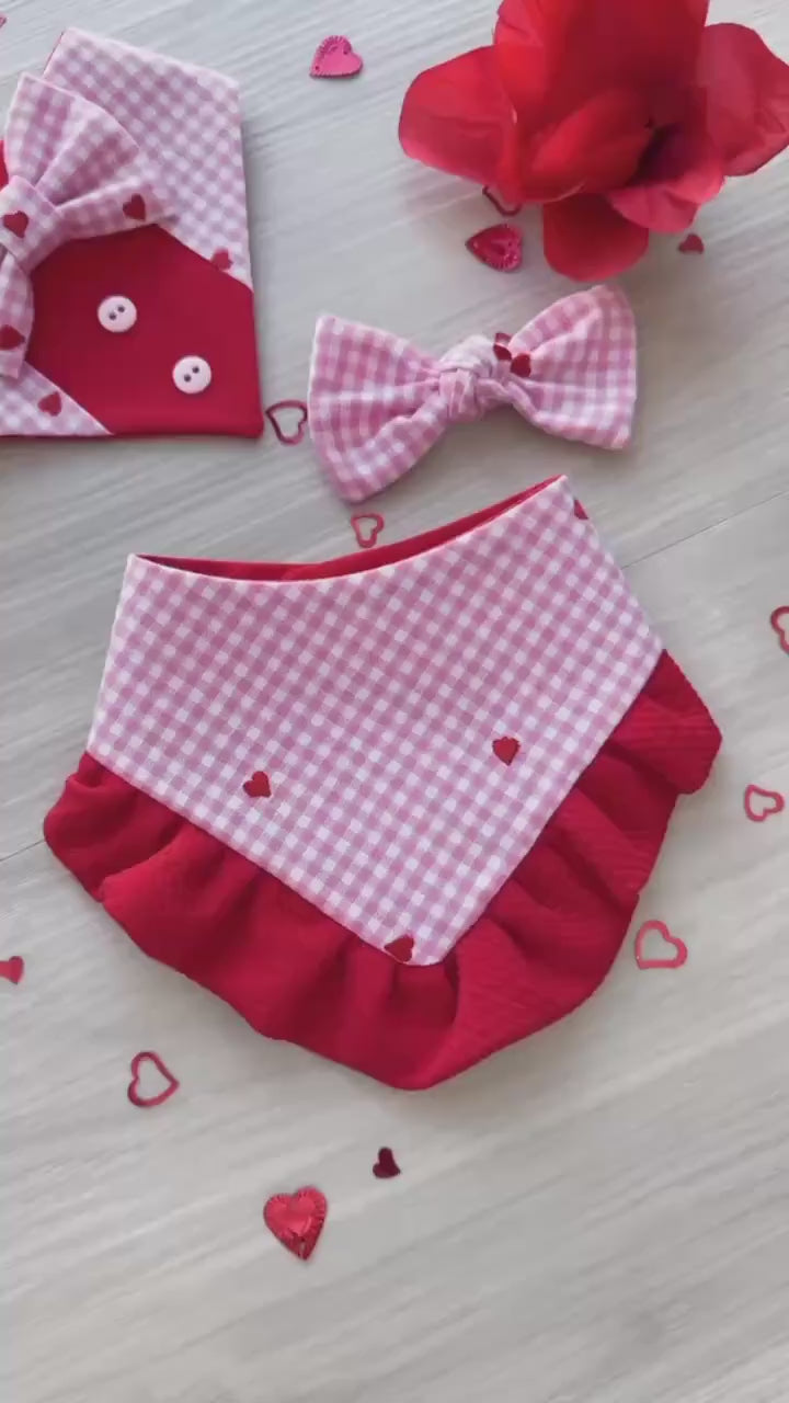 Embroidered Hearts Gingham Valentines Dog bandana with ruffles, Snap on Bandana, Matching hair-bow, Bow and Bandana, Xoxo bandana