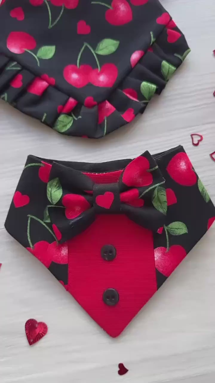 Cherry Hearts, Tuxedo dog bandana, Valentines Day bandana with bowtie, Dog bandana with Snaps, Pet scarf gift, plaid dog scarf, Dog Bowtie,